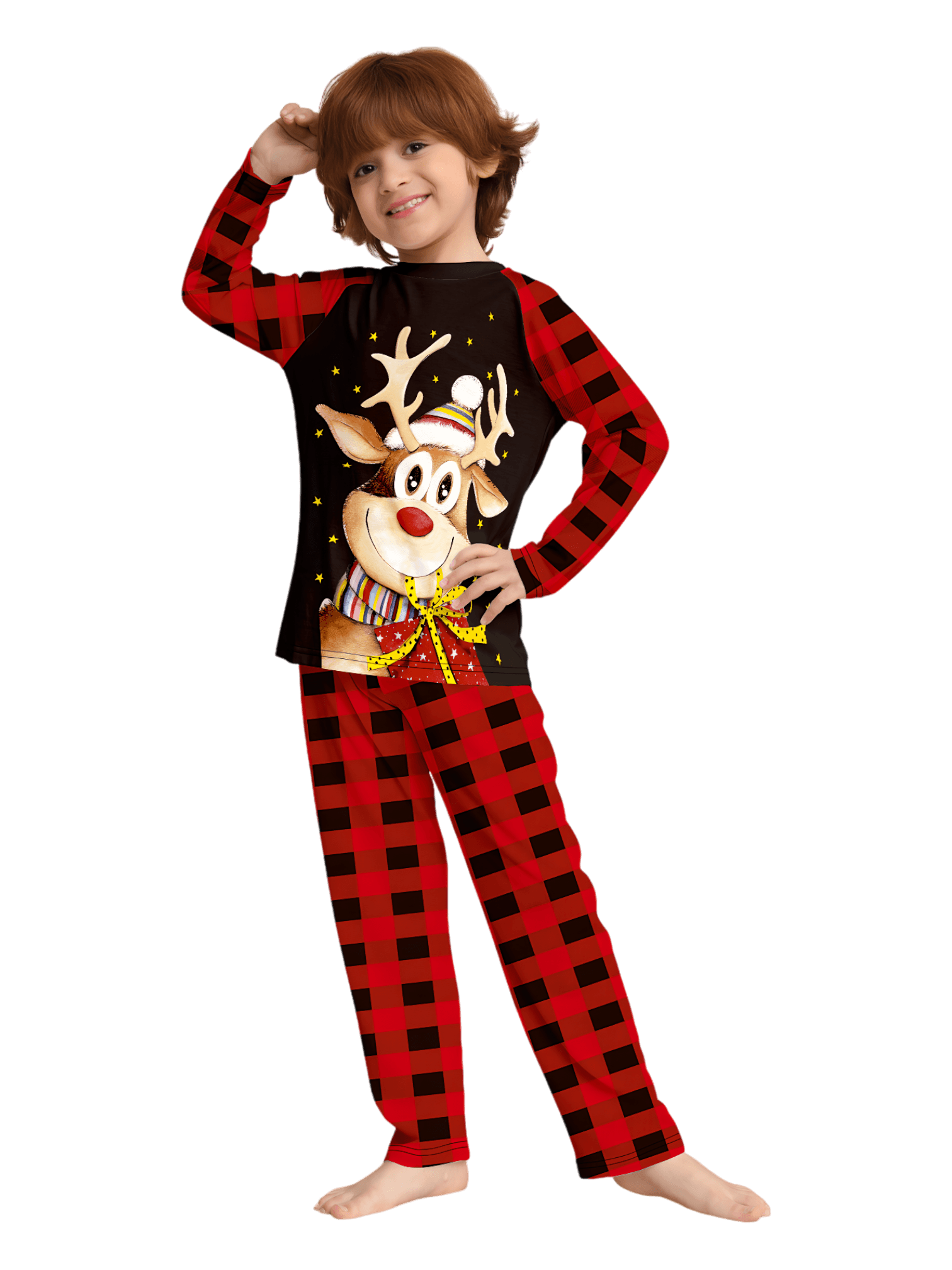 Reindeer very happy with his gift, pajamas for families in red, black checks