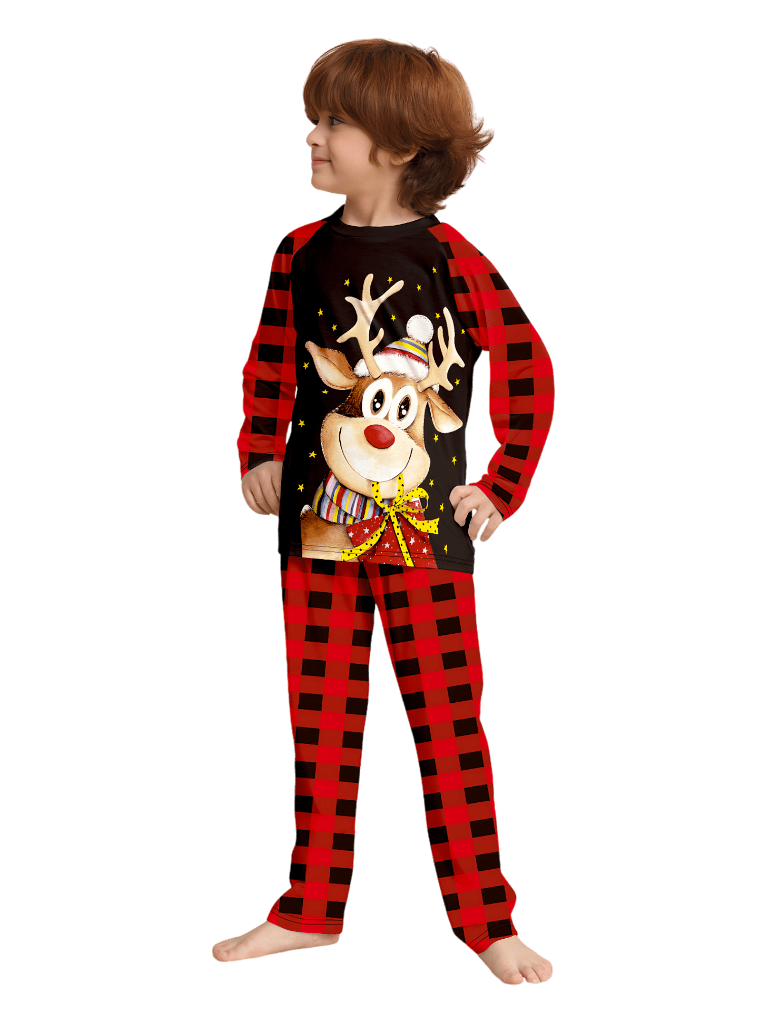 Reindeer very happy with his gift, pajamas for families in red, black checks