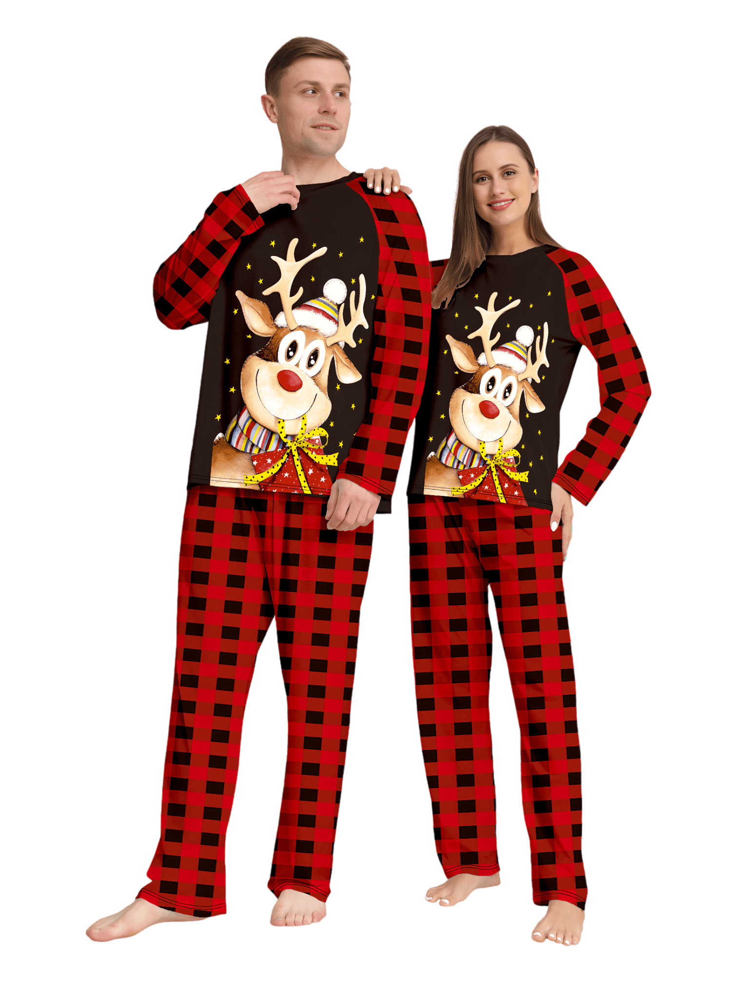 Reindeer very happy with his gift, pajamas for families in red, black checks