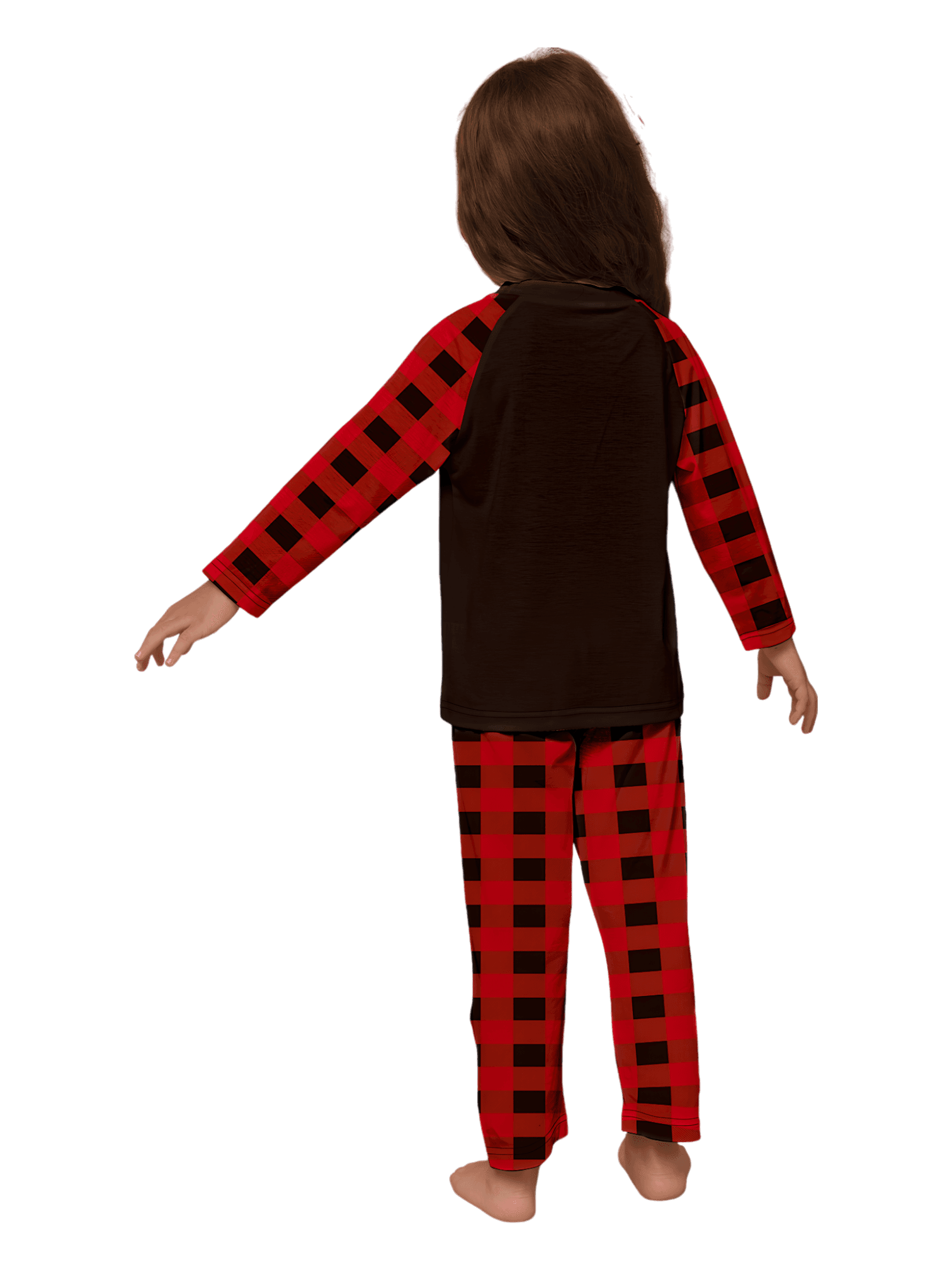 Reindeer very happy with his gift, pajamas for families in red, black checks