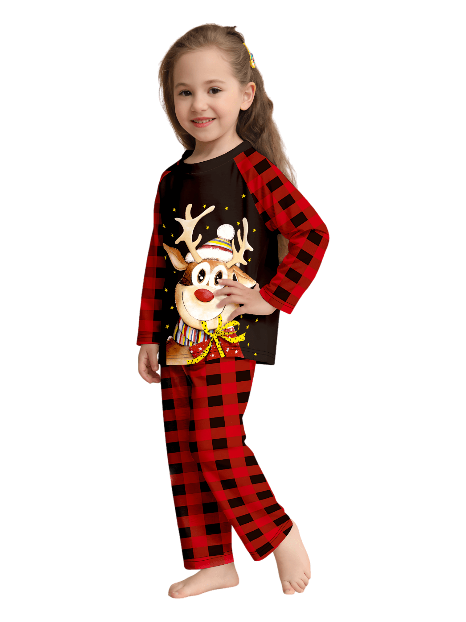 Reindeer very happy with his gift, pajamas for families in red, black checks