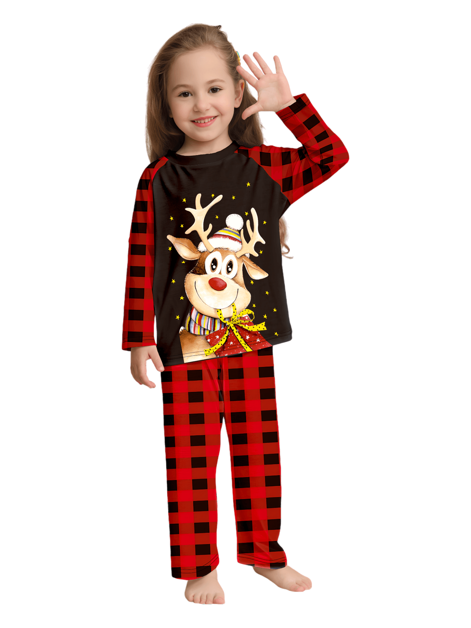 Reindeer very happy with his gift, pajamas for families in red, black checks
