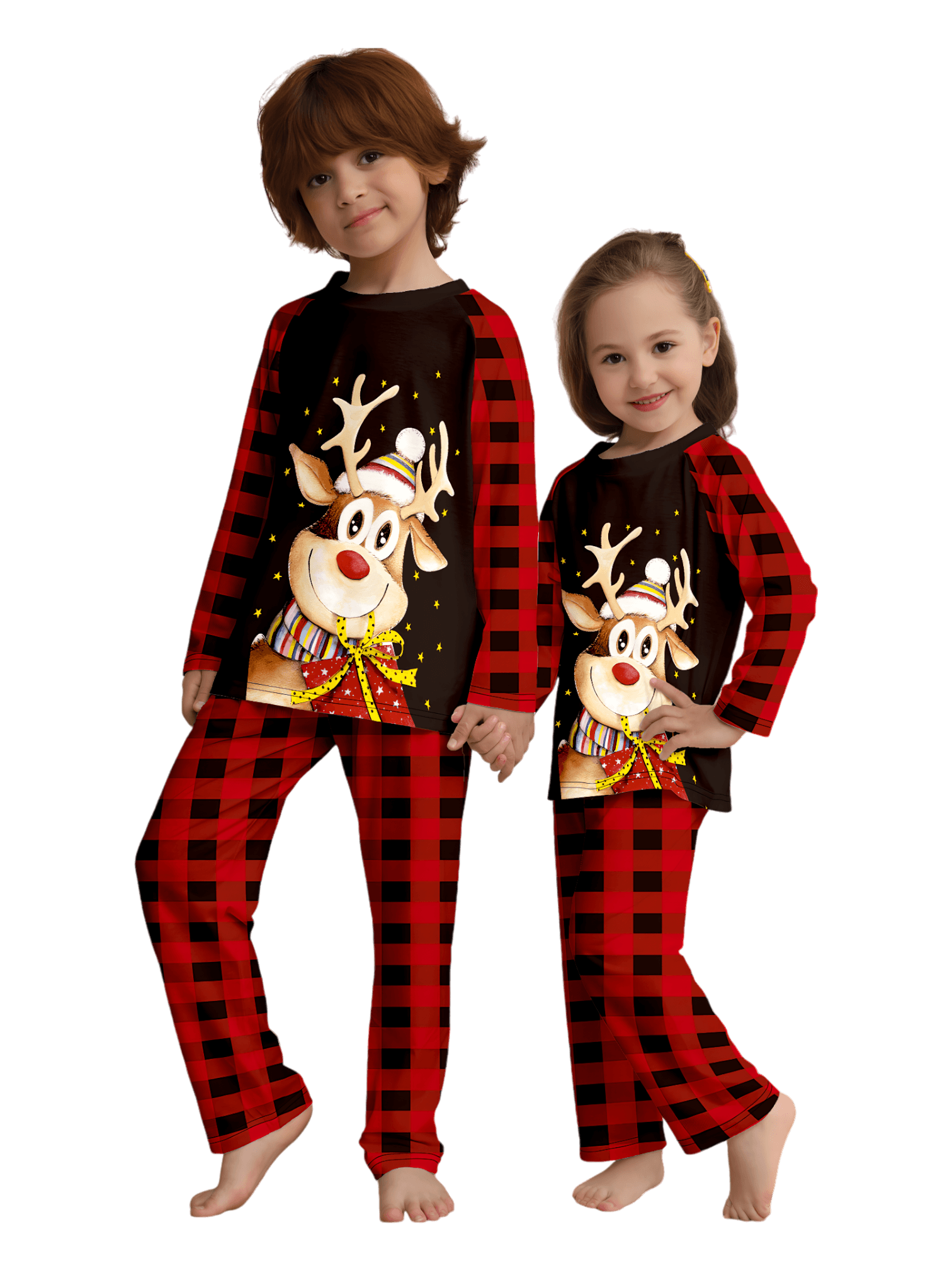 Reindeer very happy with his gift, pajamas for families in red, black checks