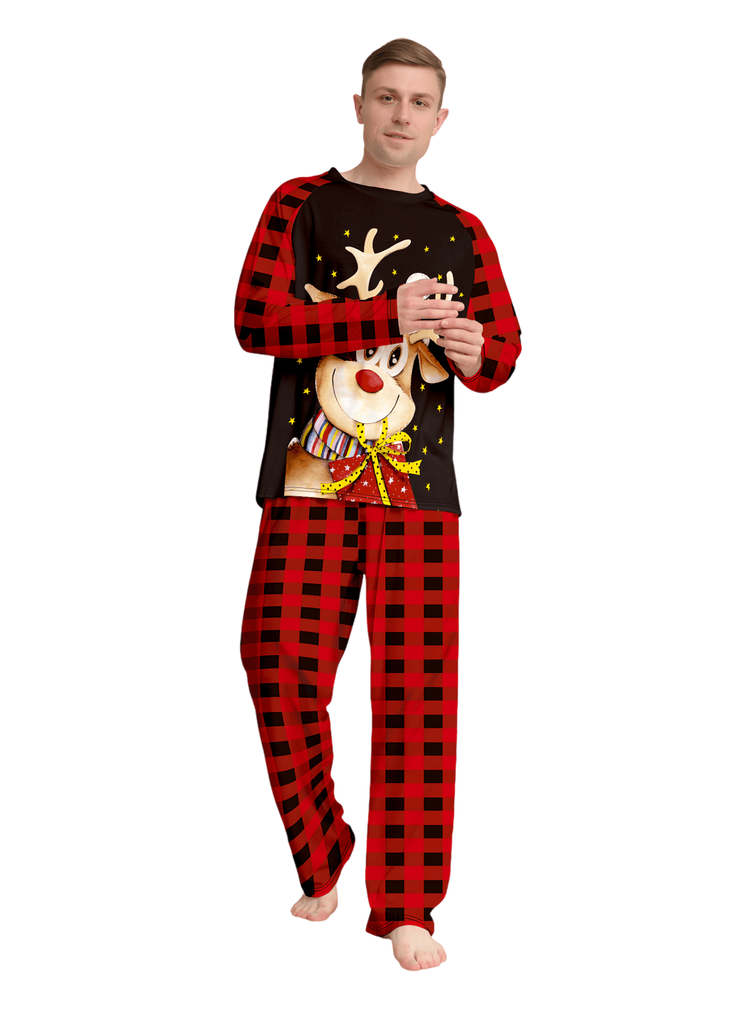 Reindeer very happy with his gift, pajamas for families in red, black checks