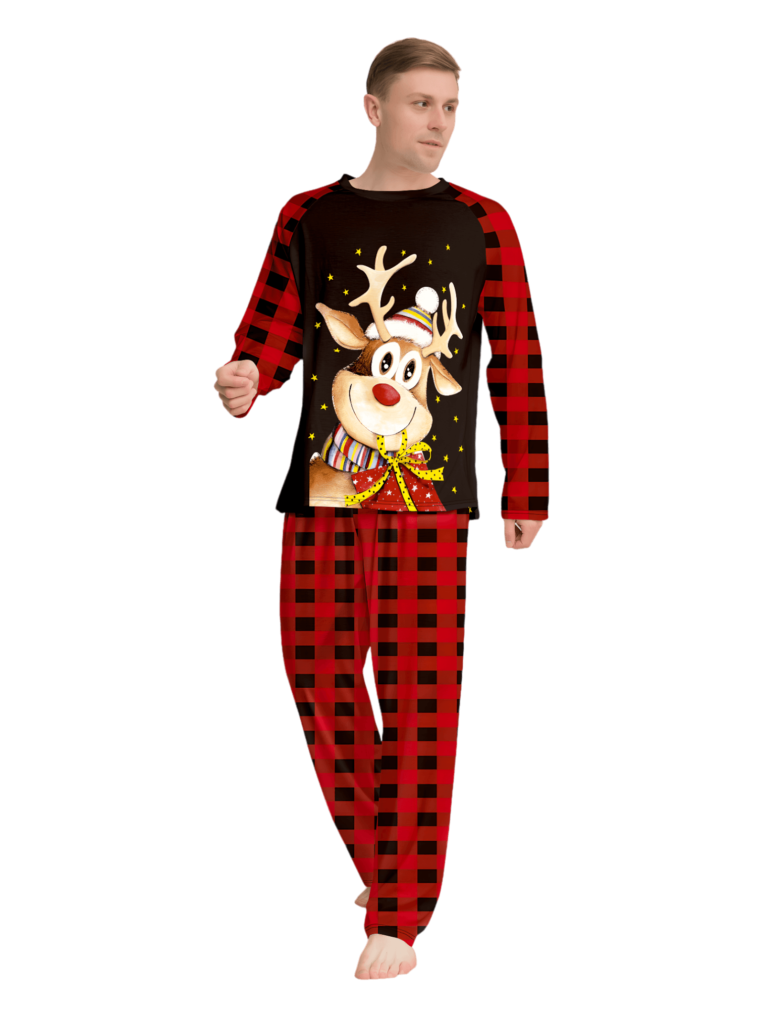 Reindeer very happy with his gift, pajamas for families in red, black checks