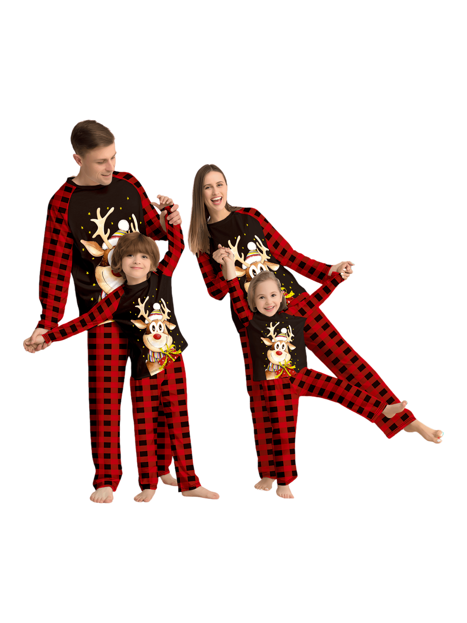 Reindeer very happy with his gift, pajamas for families in red, black checks