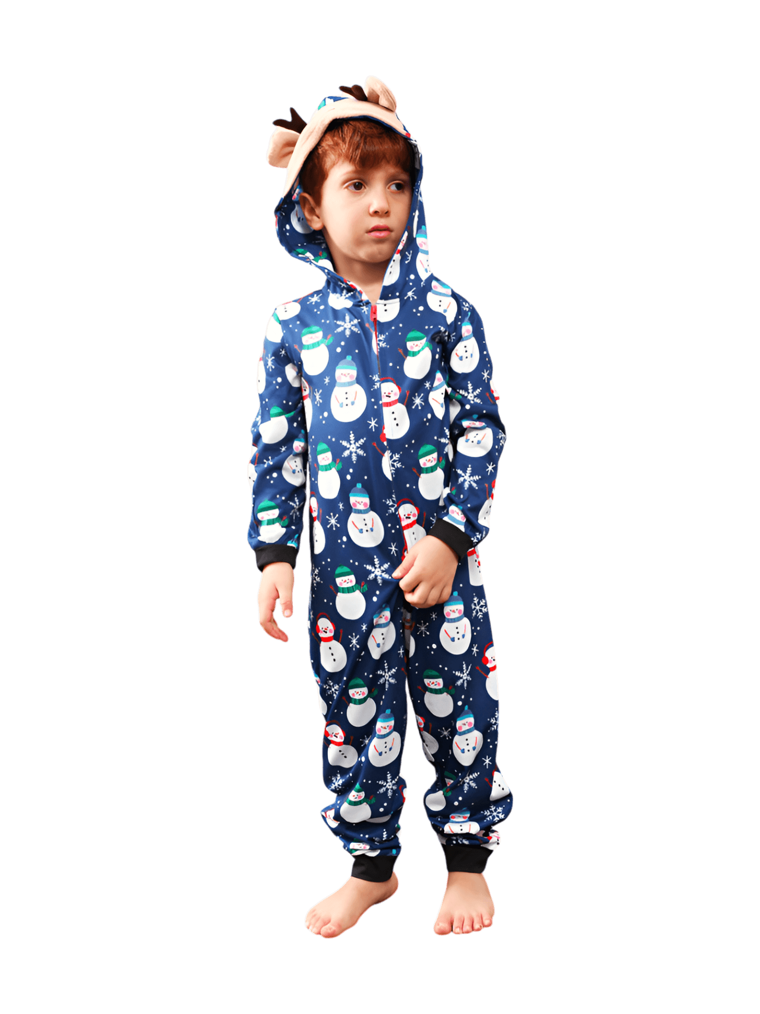 Blue snowman jumpsuit with reindeer hood for all ages