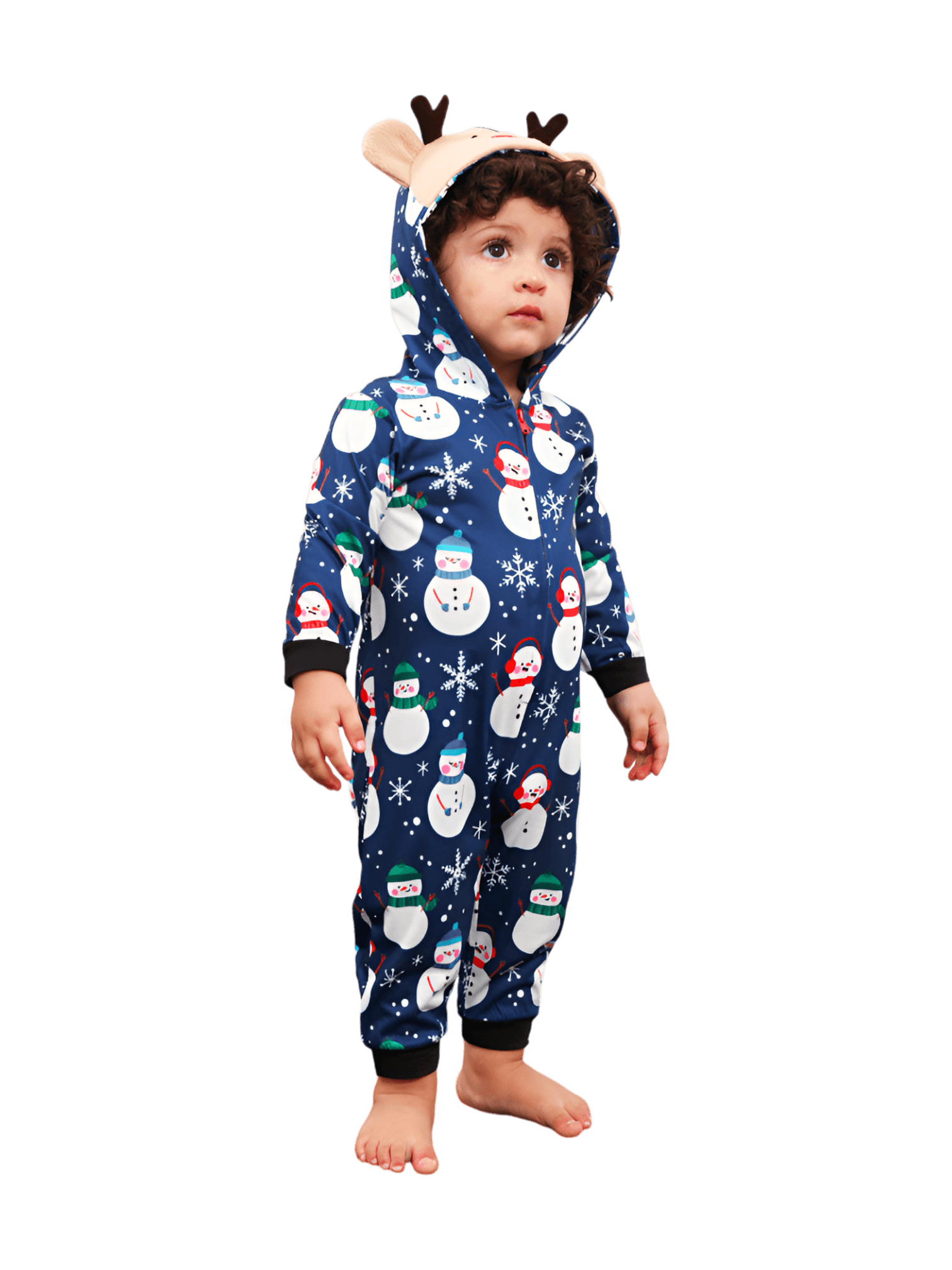Blue snowman jumpsuit with reindeer hood for all ages