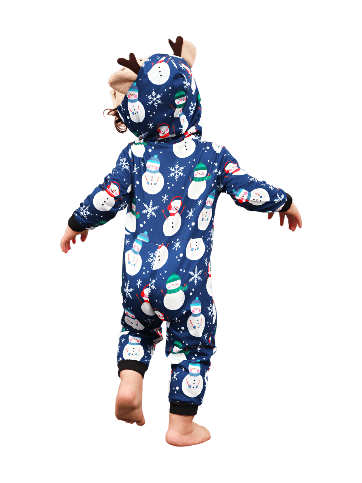 Blue snowman jumpsuit with reindeer hood for all ages