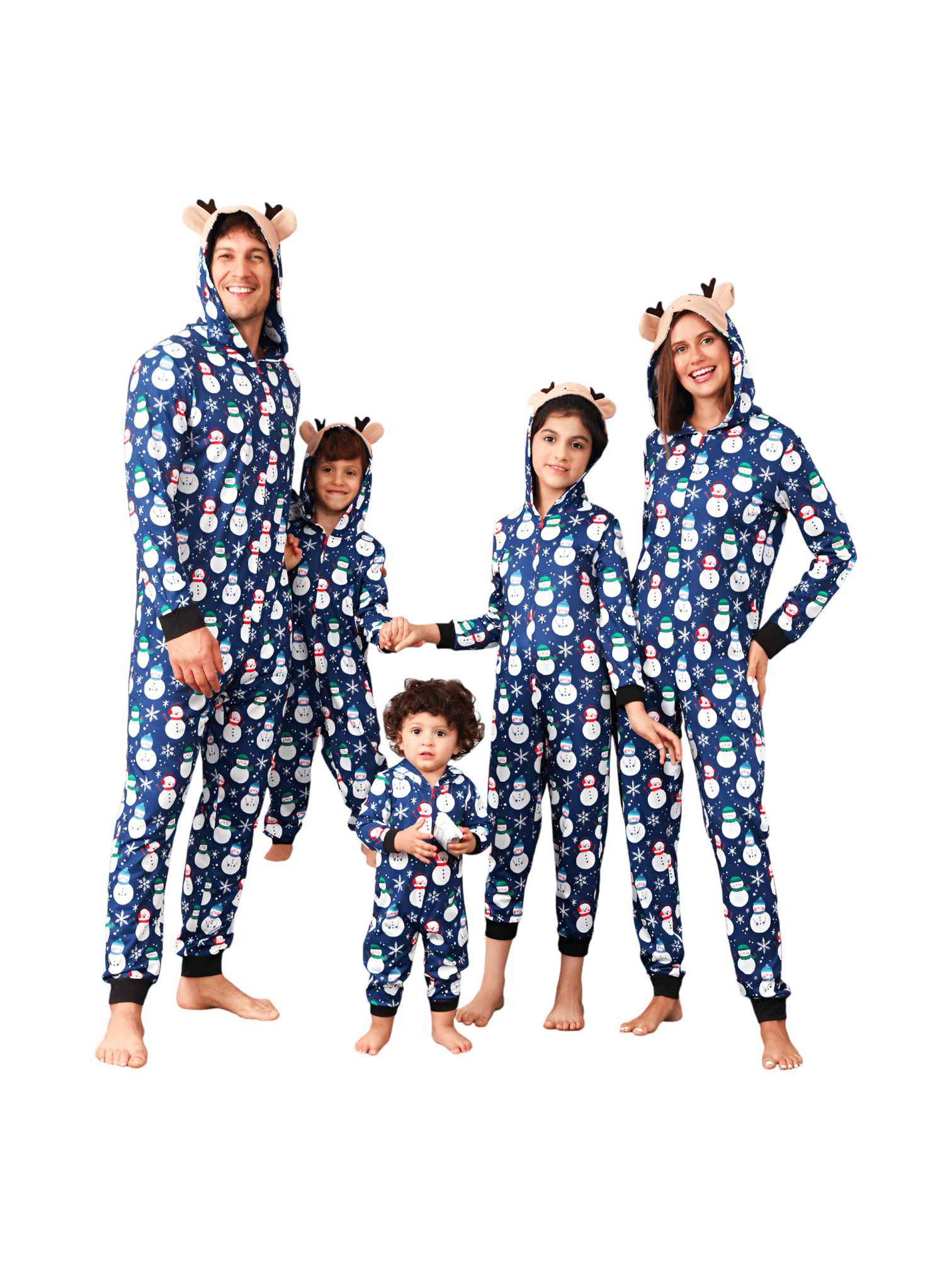 Blue snowman jumpsuit with reindeer hood for all ages