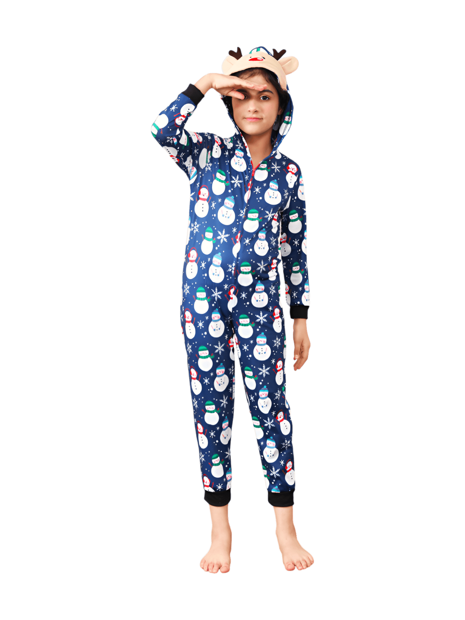 Blue snowman jumpsuit with reindeer hood for all ages