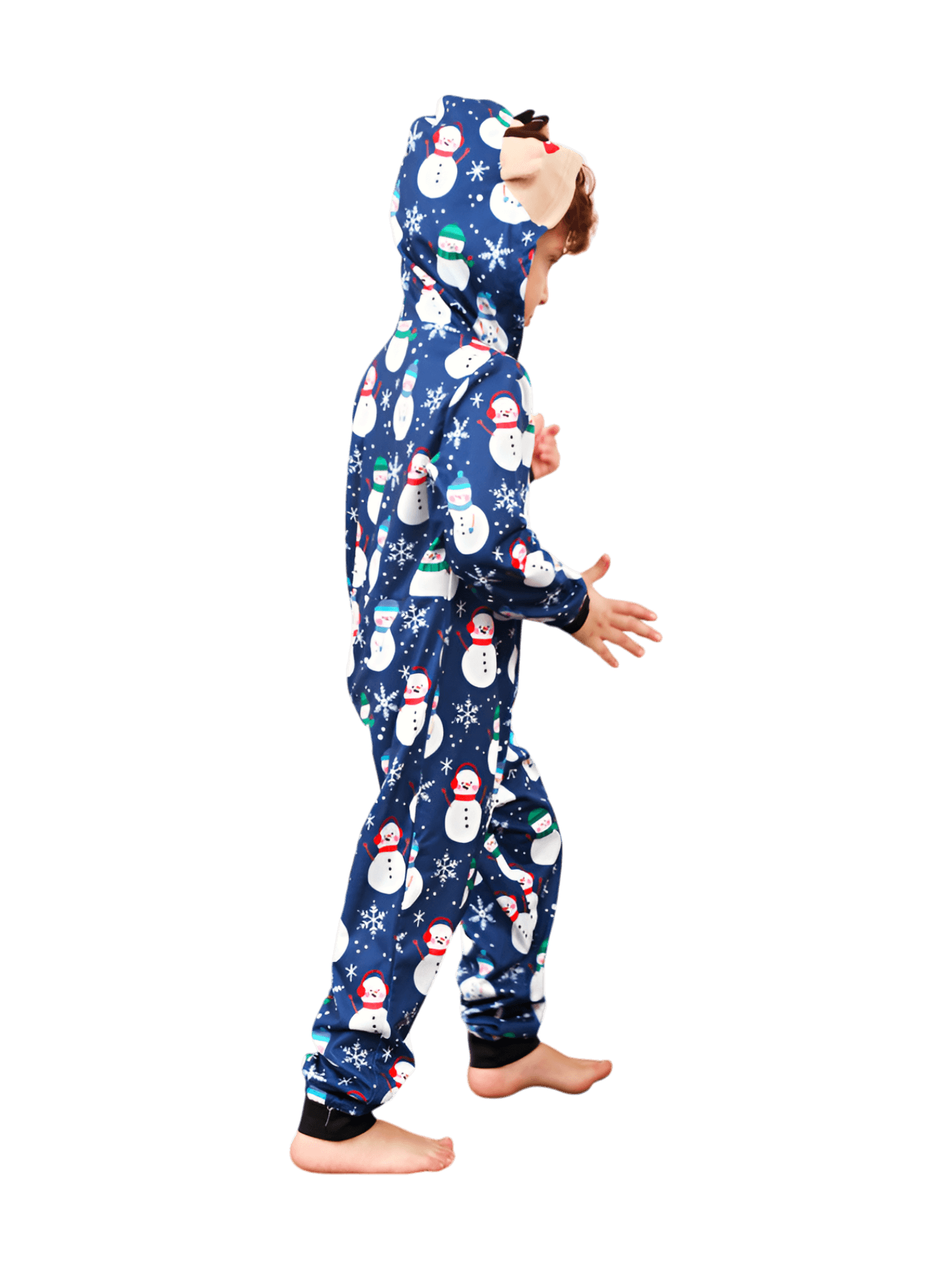 Blue snowman jumpsuit with reindeer hood for all ages