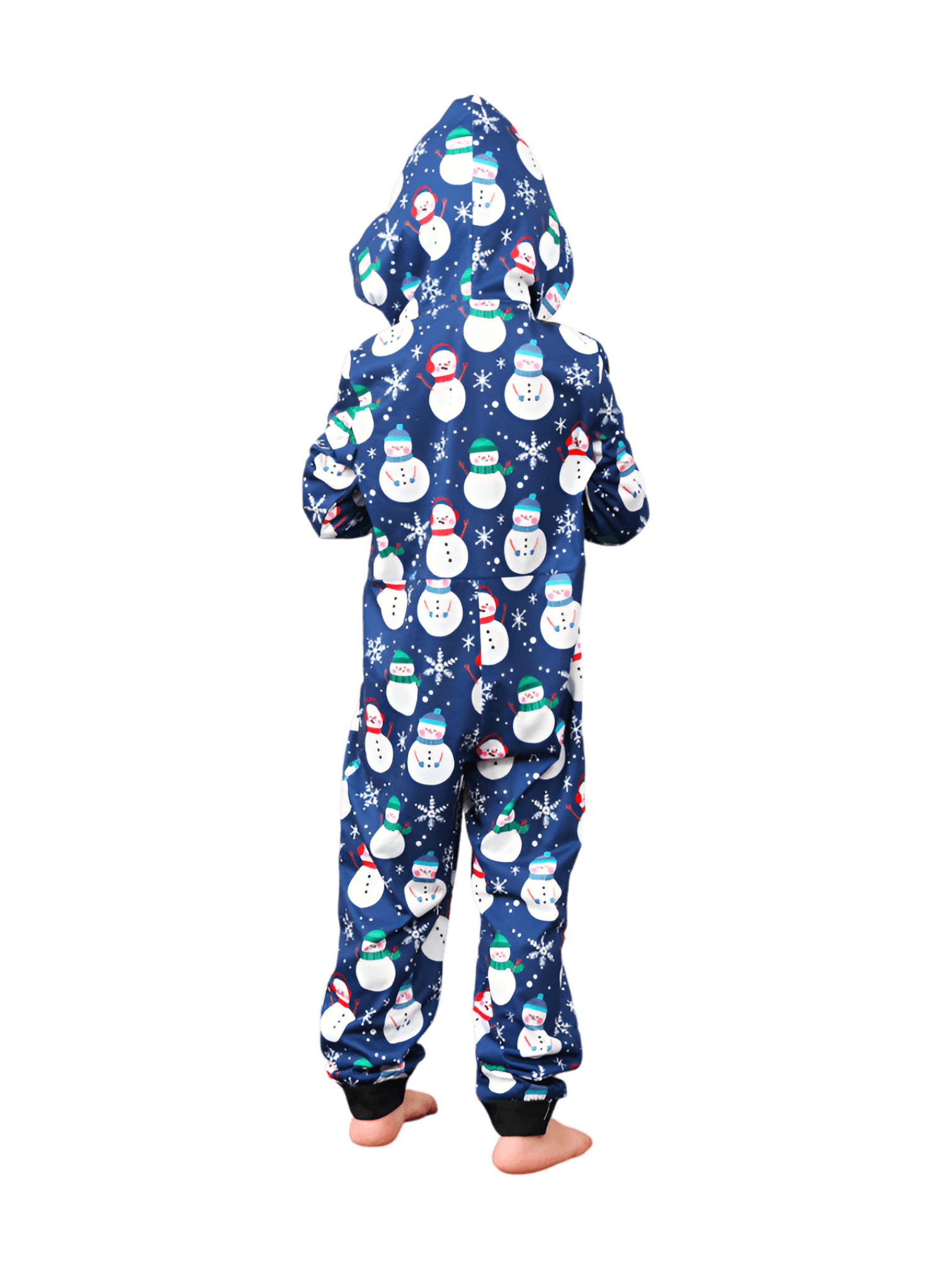 Blue snowman jumpsuit with reindeer hood for all ages