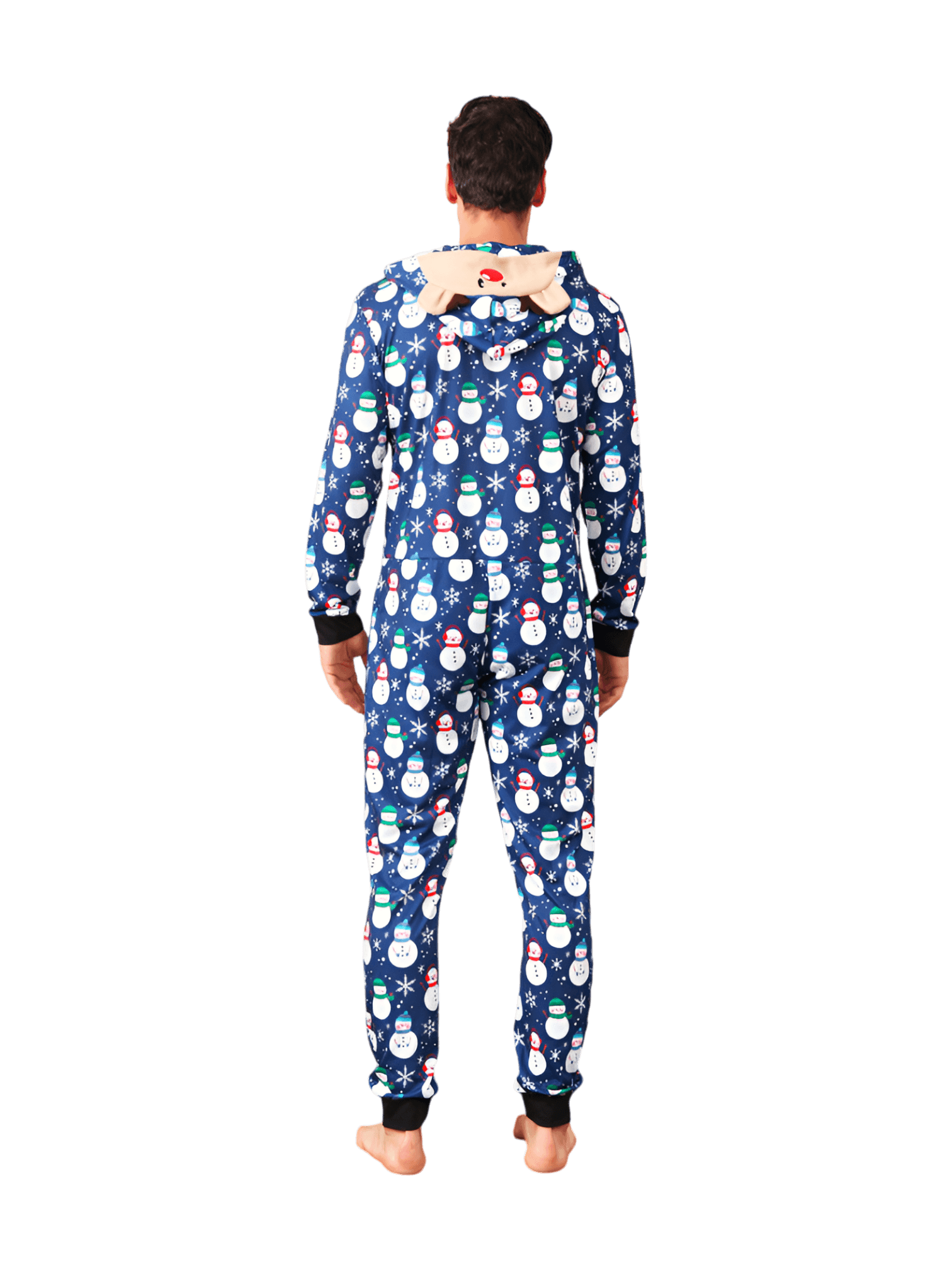 Blue snowman jumpsuit with reindeer hood for all ages