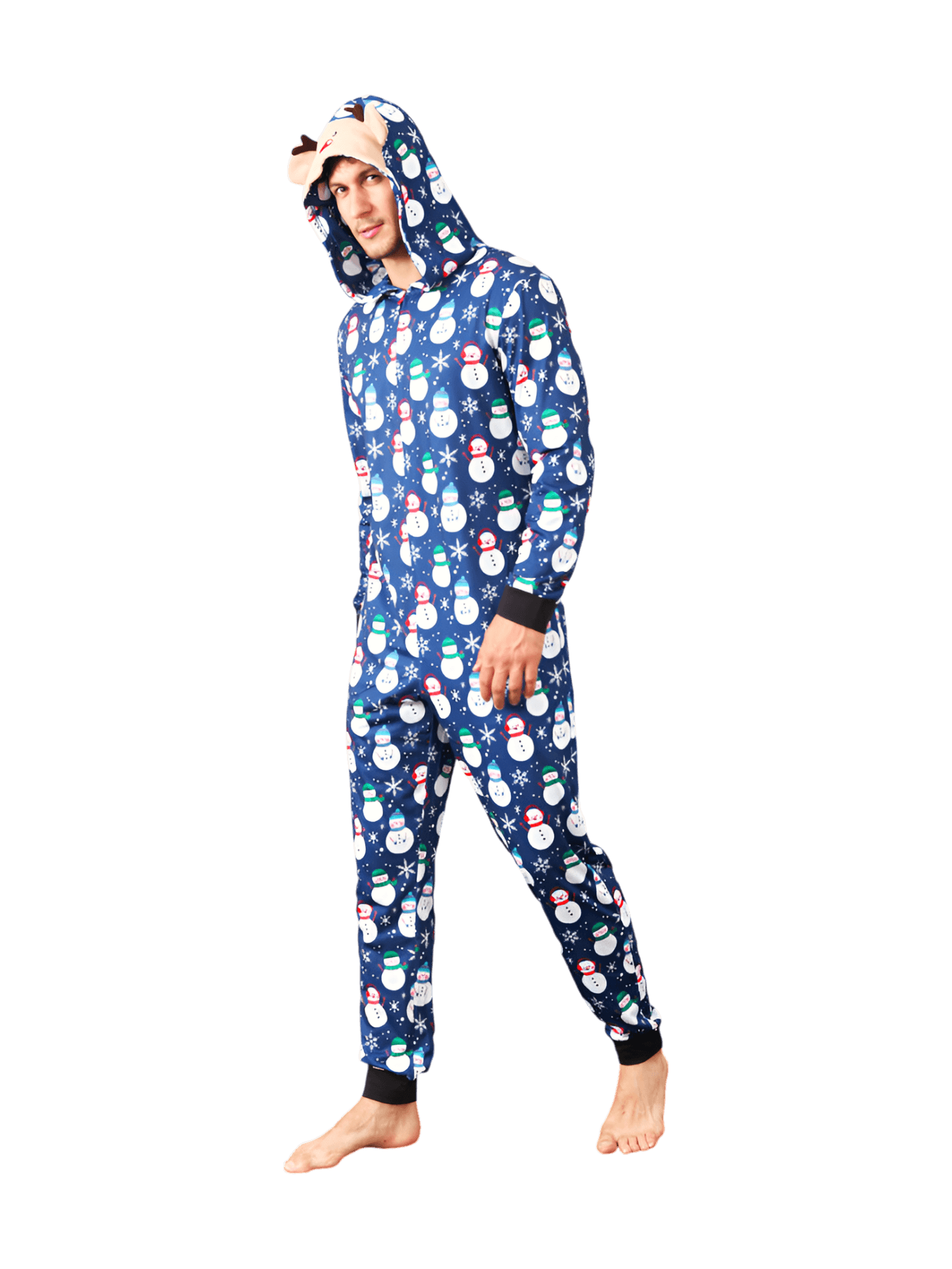 Blue snowman jumpsuit with reindeer hood for all ages