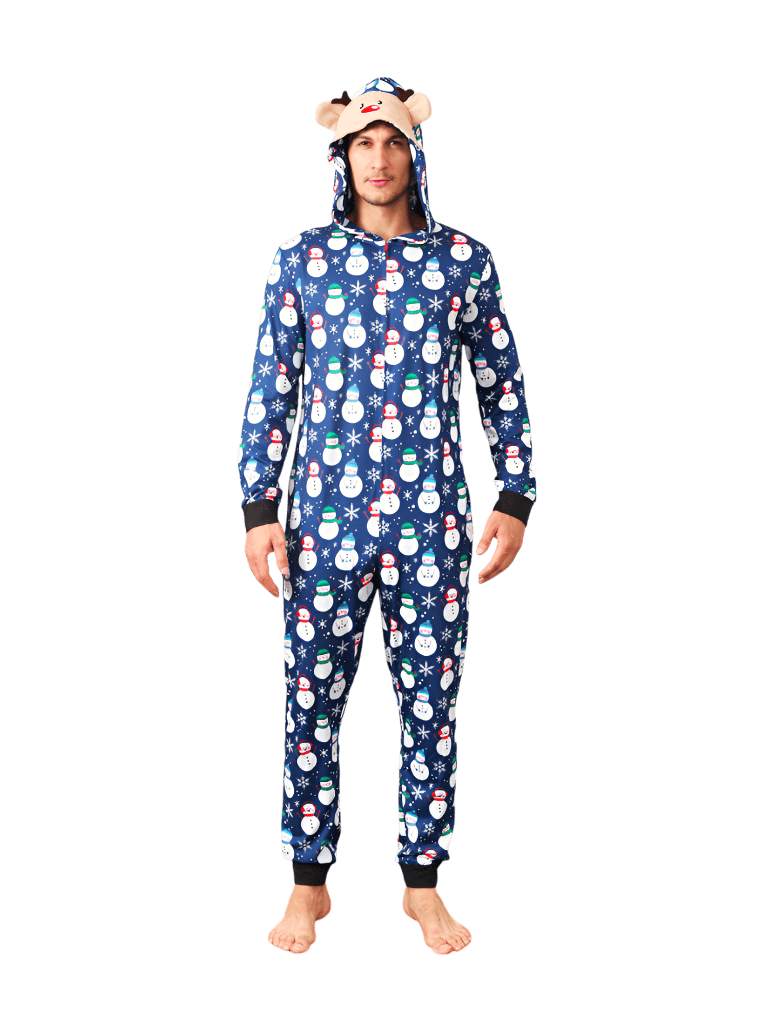 Blue snowman jumpsuit with reindeer hood for all ages