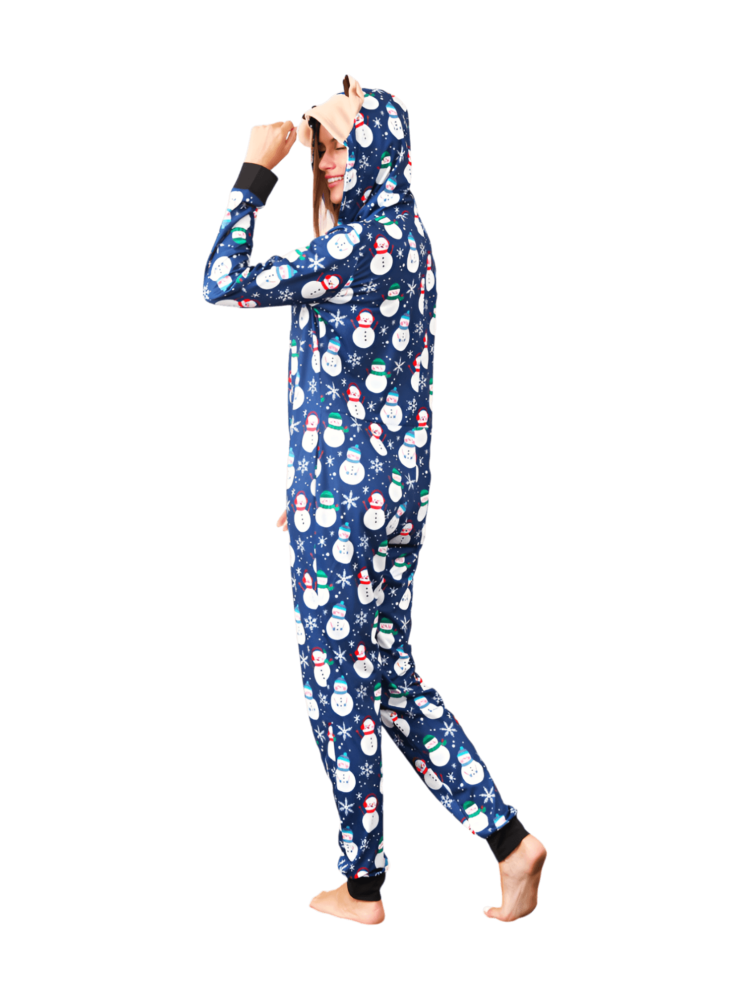Blue snowman jumpsuit with reindeer hood for all ages