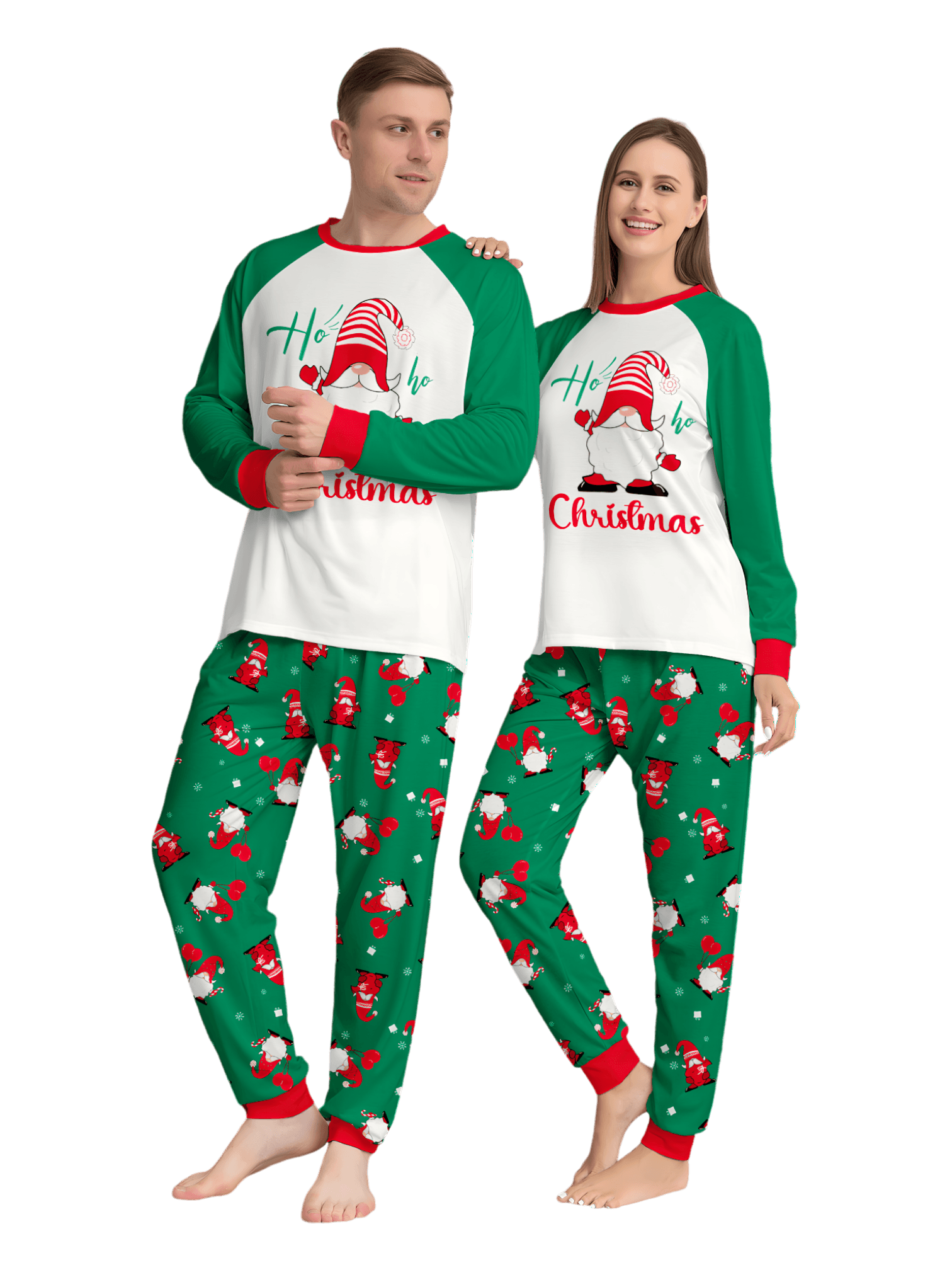 The bearded Santa buried under his gigantic hat, matching family pajamas