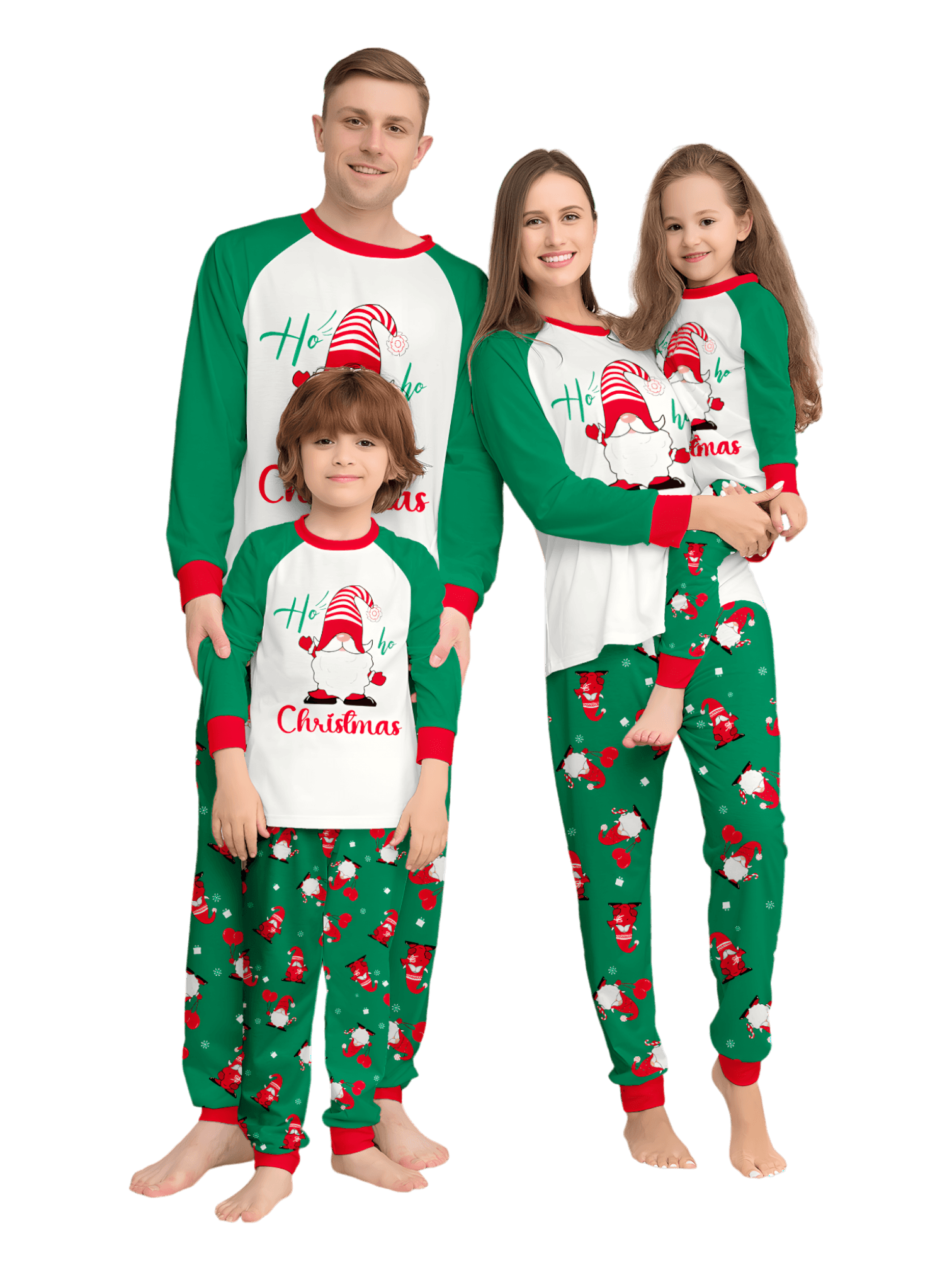The bearded Santa buried under his gigantic hat, matching family pajamas