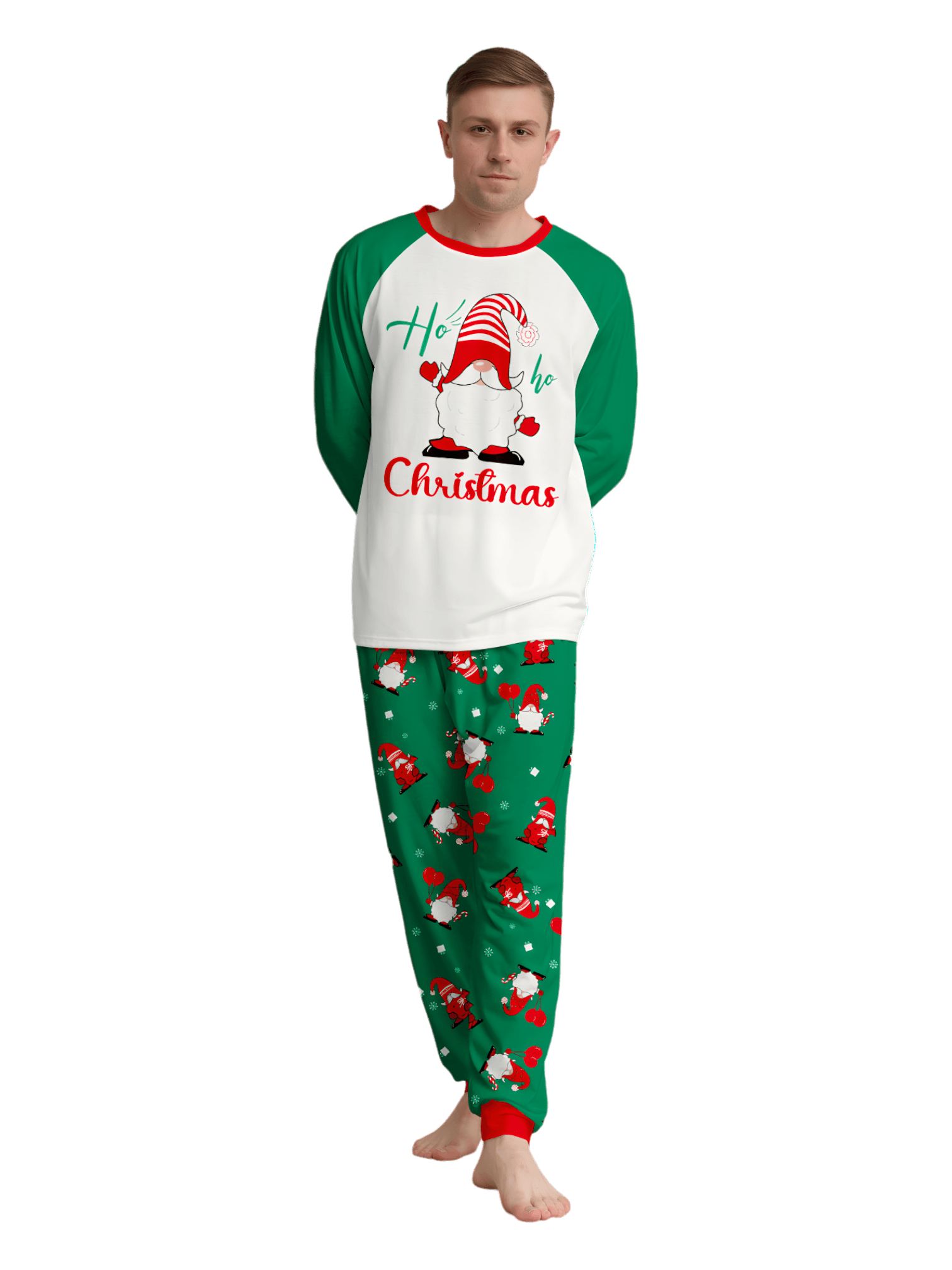 The bearded Santa buried under his gigantic hat, matching family pajamas