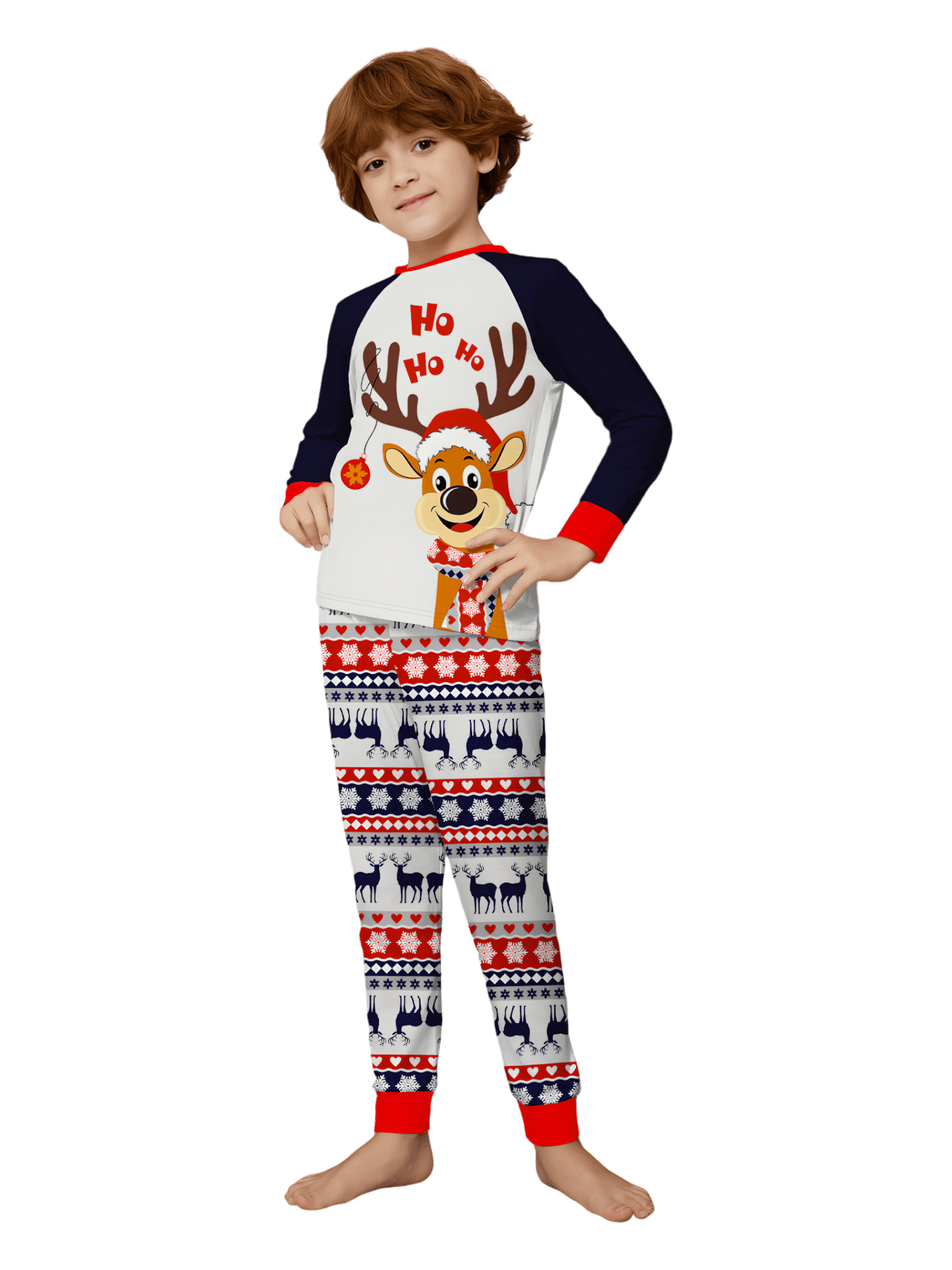 Cheeky little reindeer dressed for Christmas, matching christmas pajamas