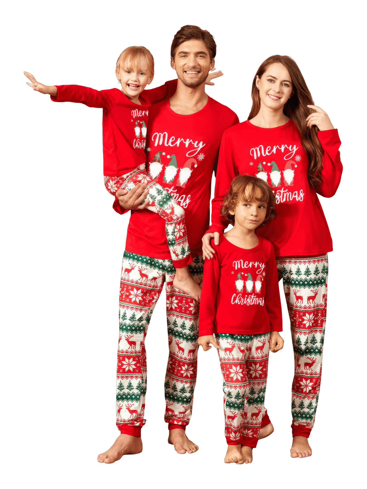 3 bearded elves with “Merry Christmas” print, red, patterns on pants