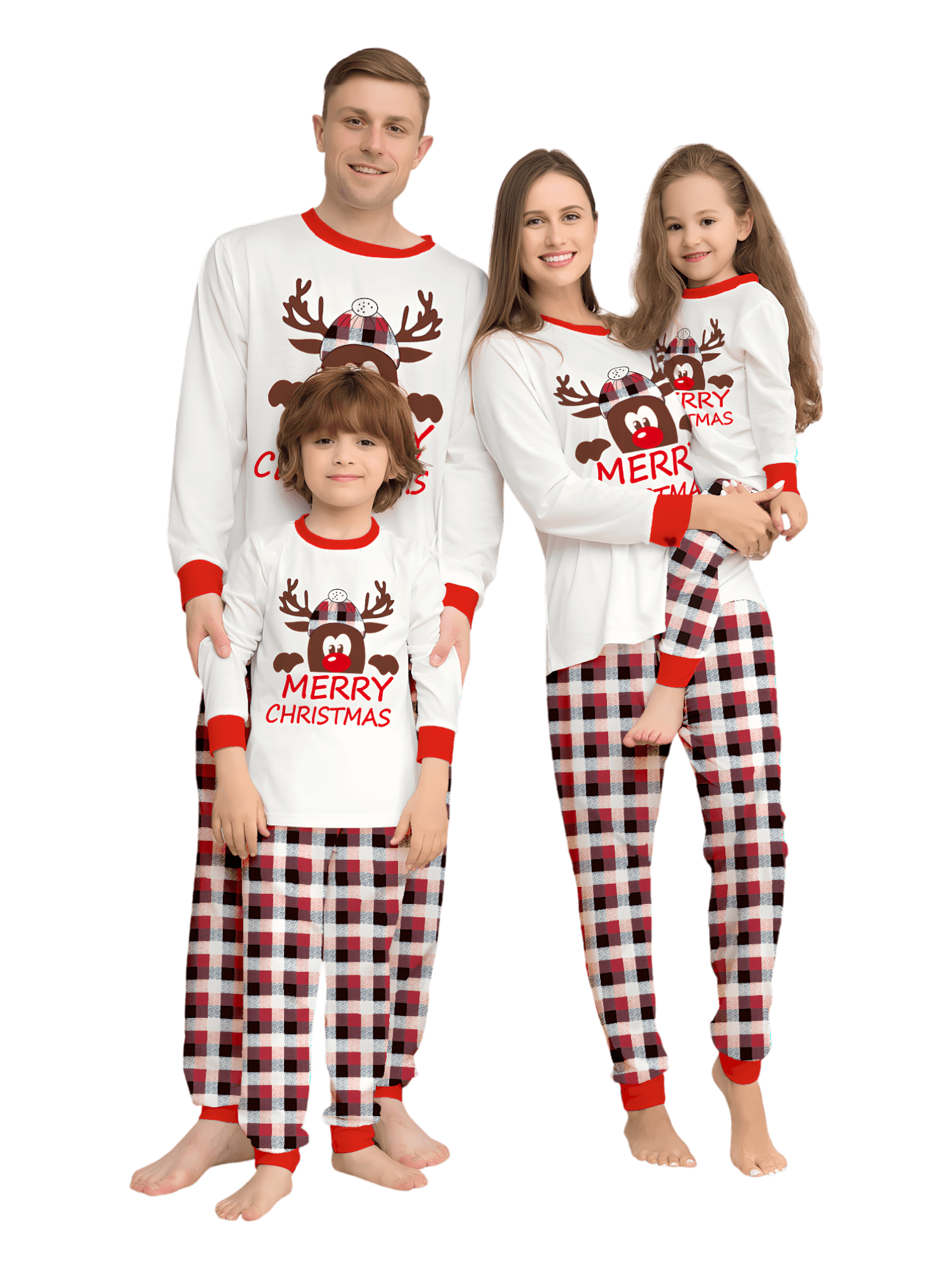 Diskretes Rentier mit Baskenmütze, authentischer karierter Familien pyjama