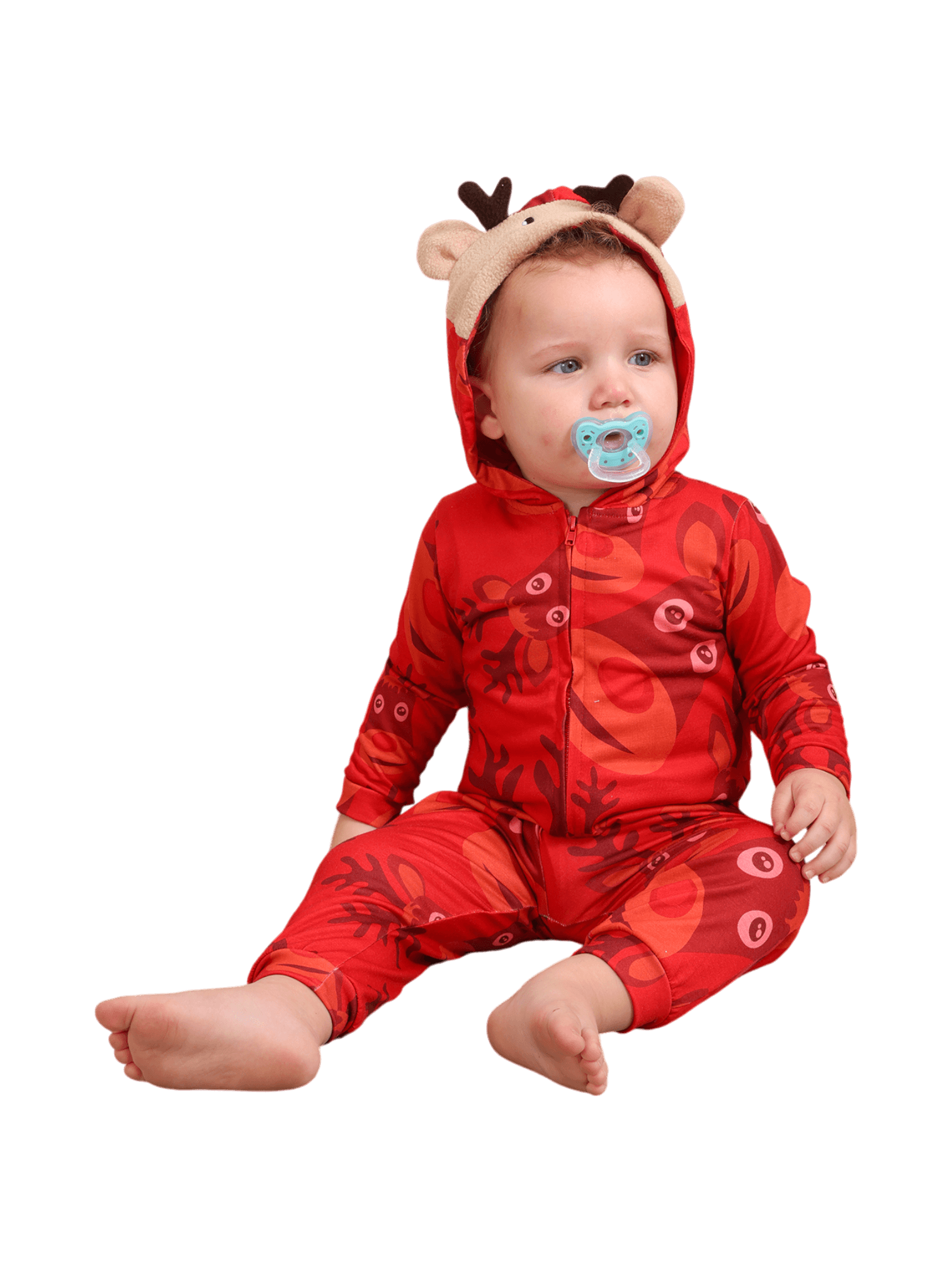 Reindeer Emoji pattern jumpsuit with reindeer hood design
