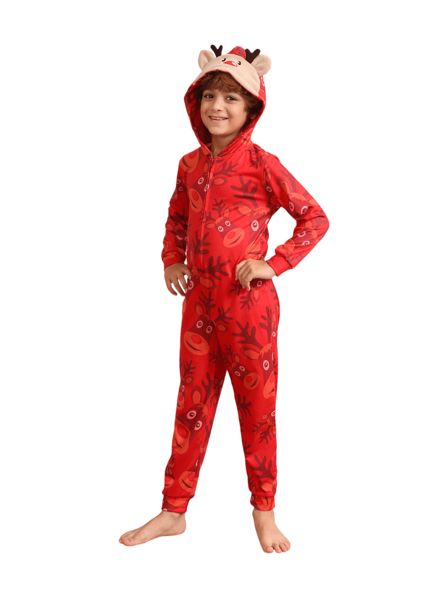 Reindeer Emoji pattern jumpsuit with reindeer hood design
