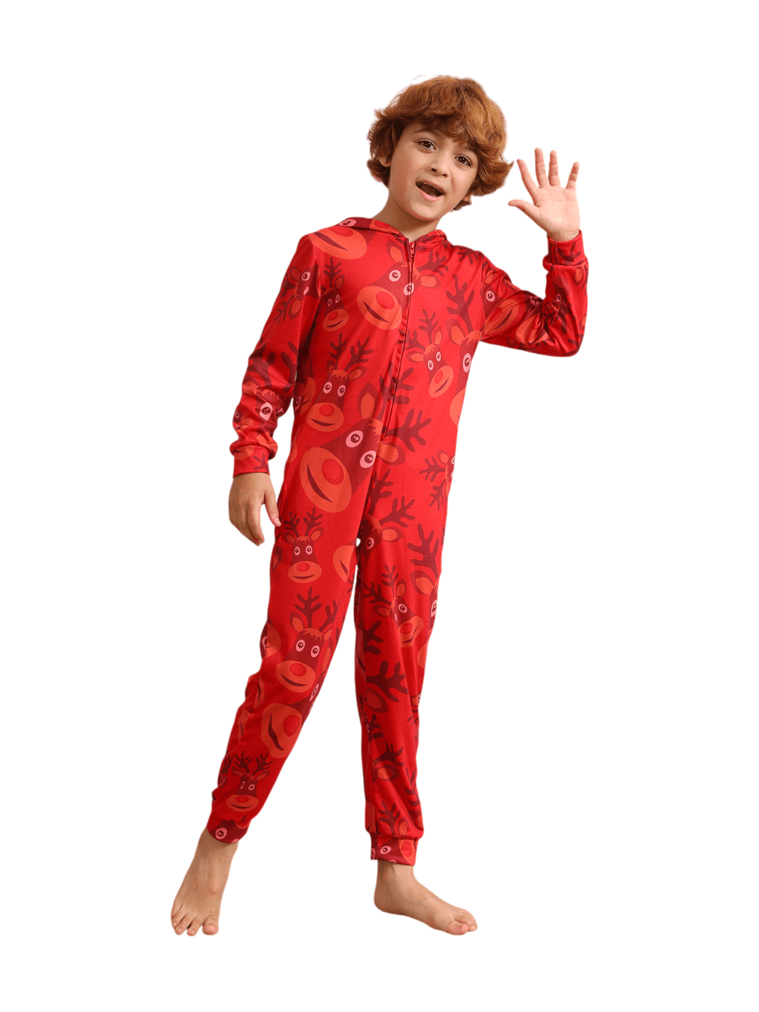 Reindeer Emoji pattern jumpsuit with reindeer hood design