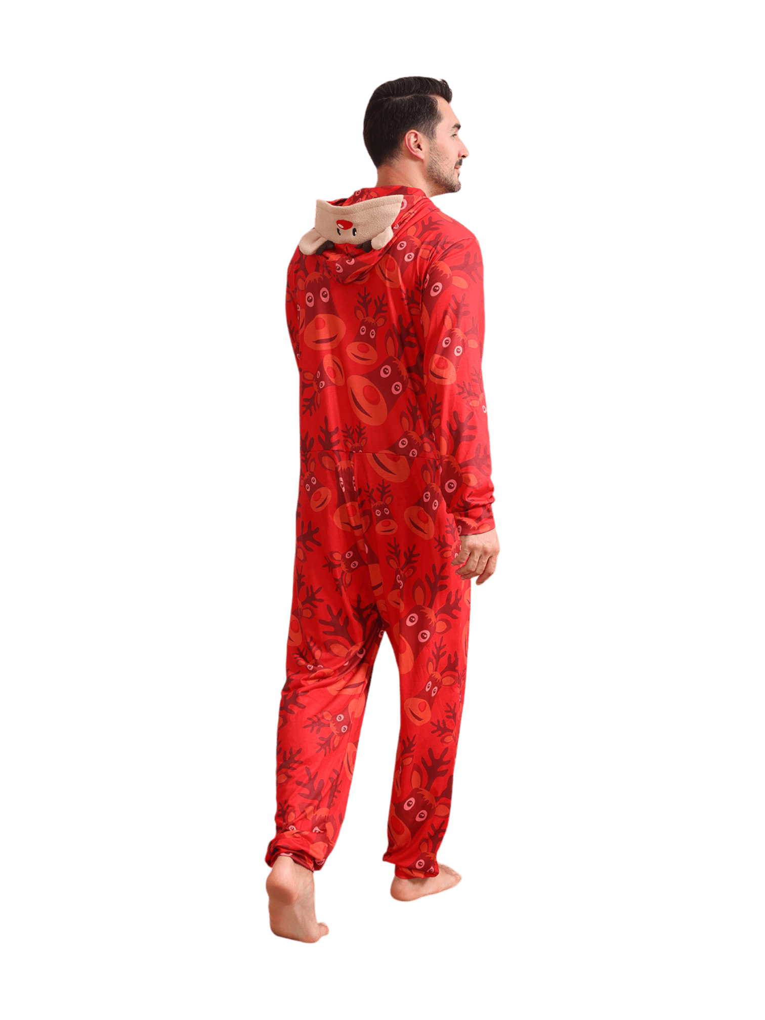 Reindeer Emoji pattern jumpsuit with reindeer hood design