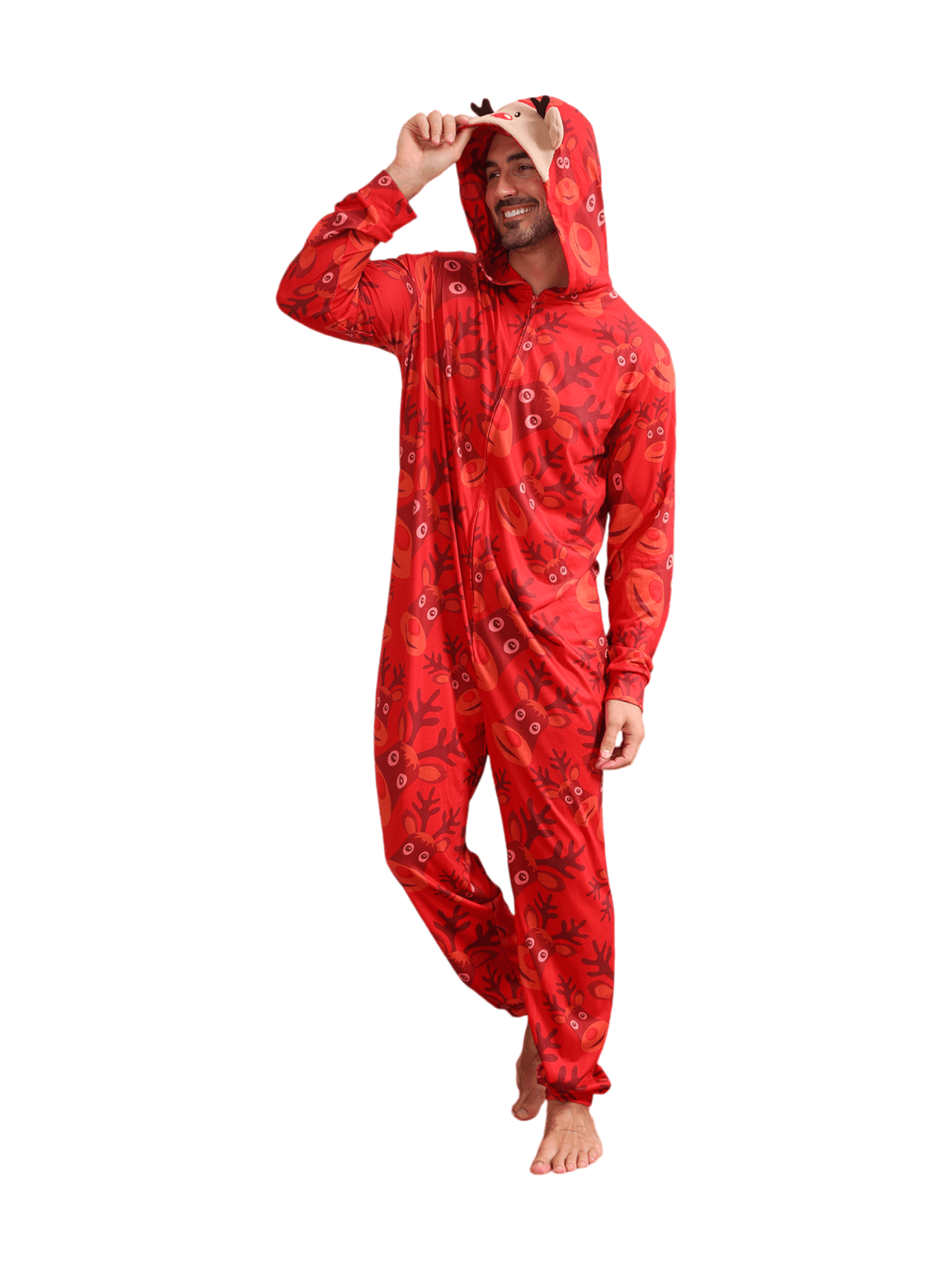 Reindeer Emoji pattern jumpsuit with reindeer hood design