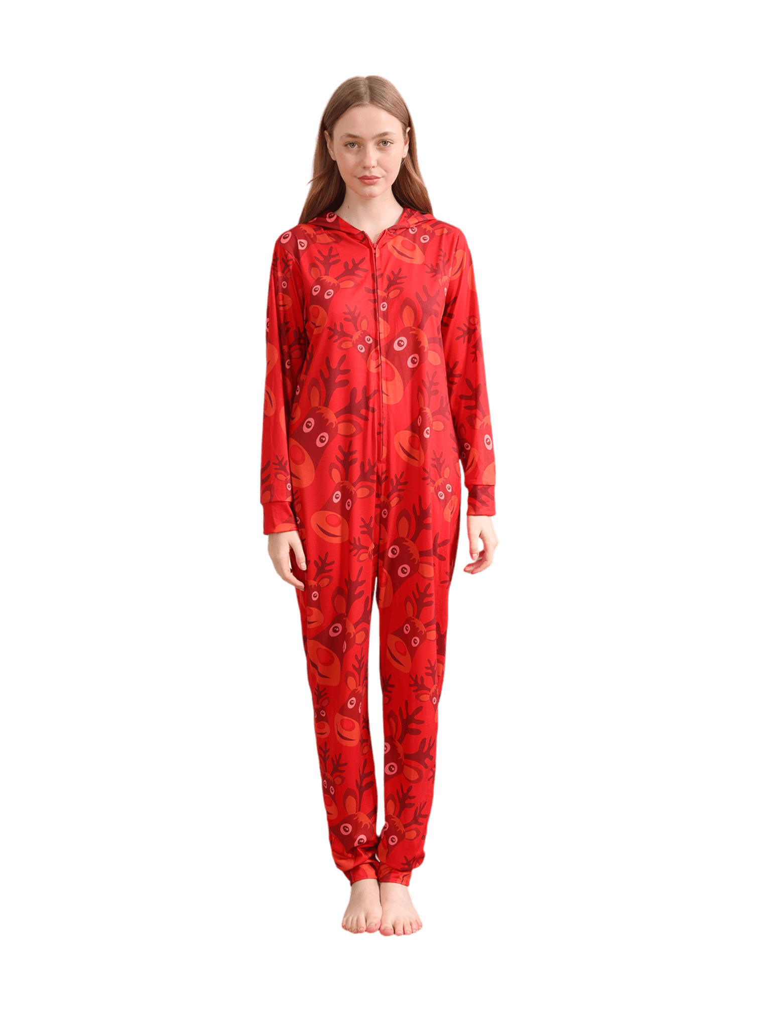 Reindeer Emoji pattern jumpsuit with reindeer hood design