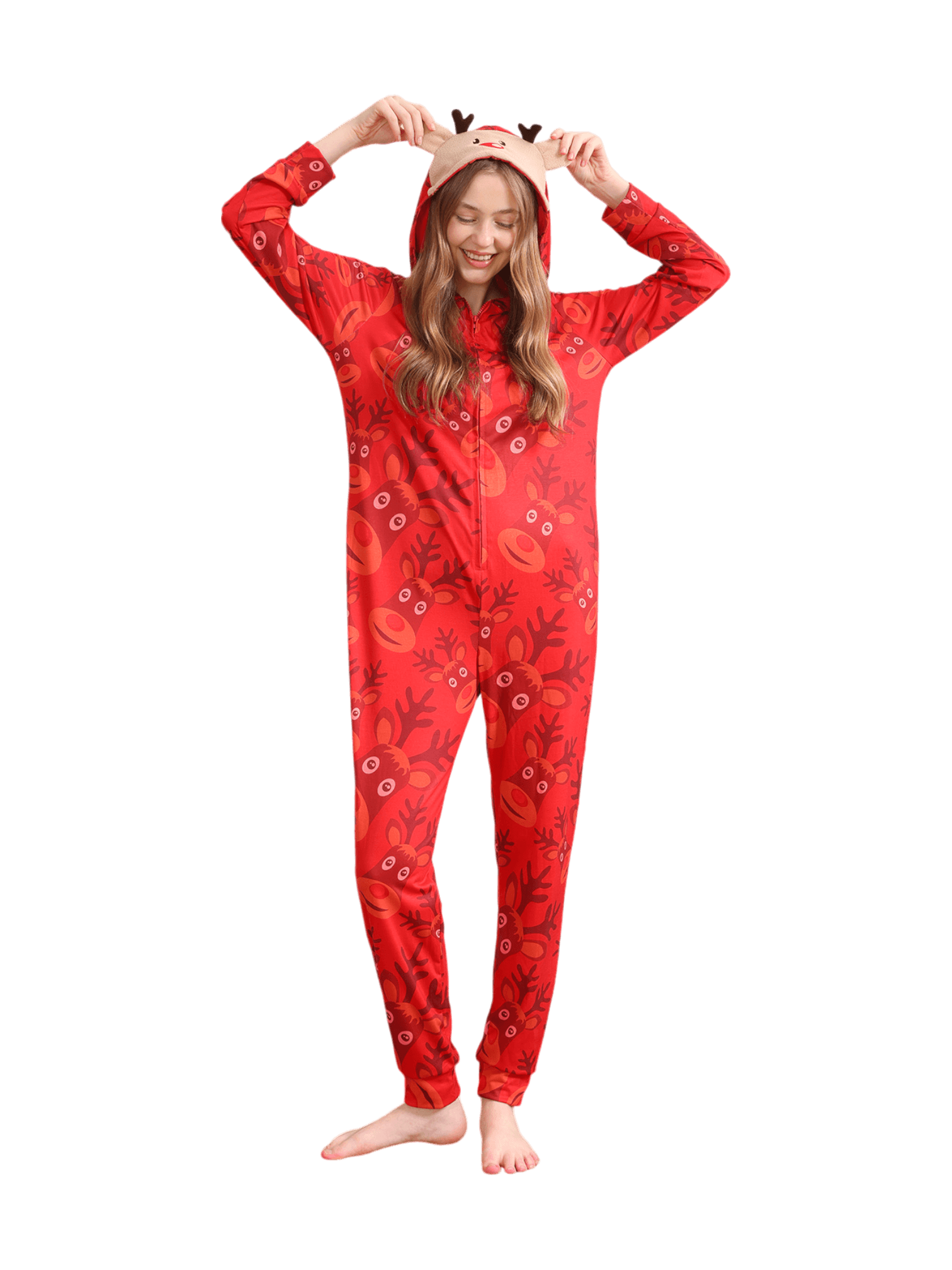 Reindeer Emoji pattern jumpsuit with reindeer hood design