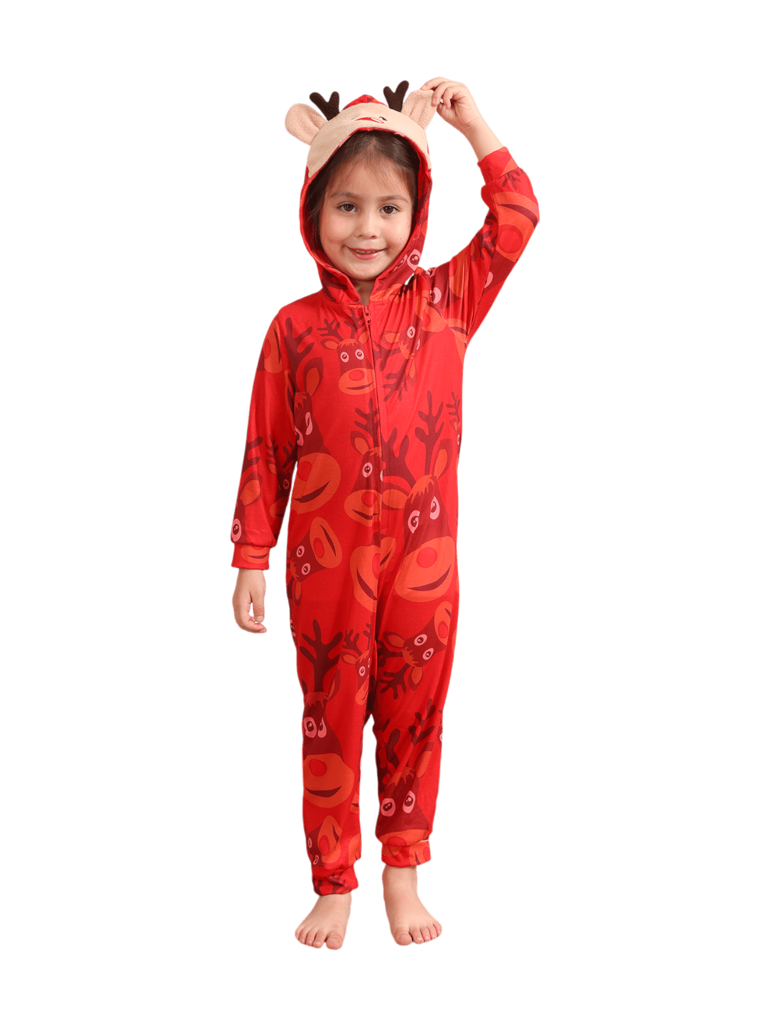 Reindeer Emoji pattern jumpsuit with reindeer hood design