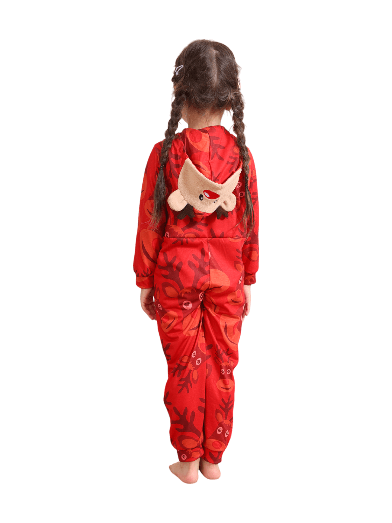 Reindeer Emoji pattern jumpsuit with reindeer hood design