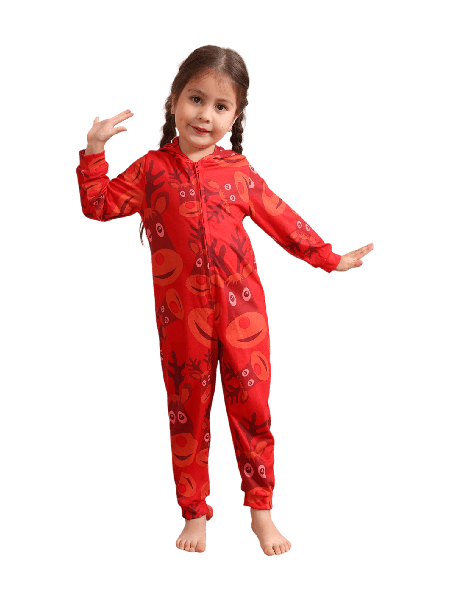 Reindeer Emoji pattern jumpsuit with reindeer hood design