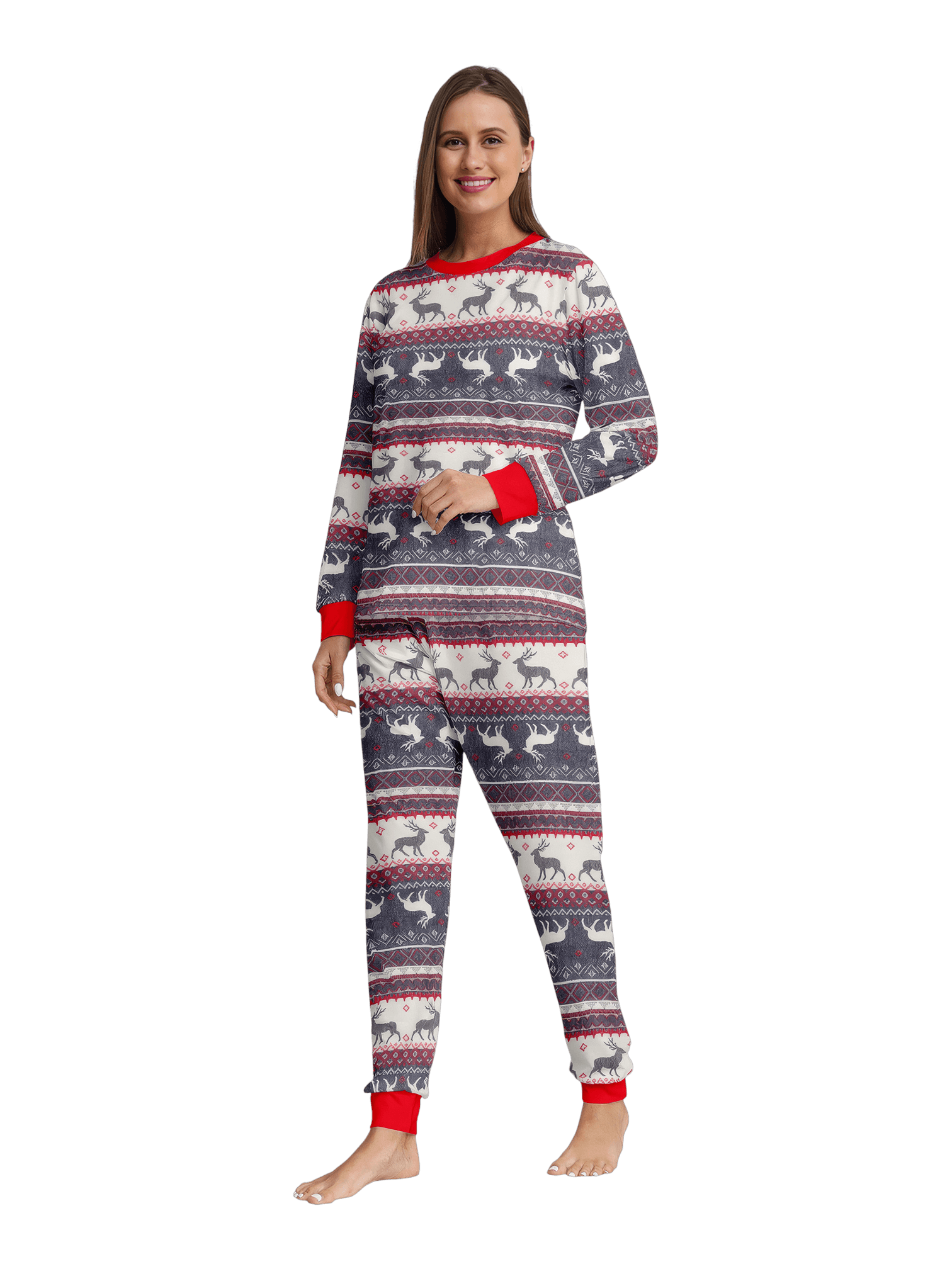 Family and couple pajamas with reindeer stripe pattern gray and white matching pajamas