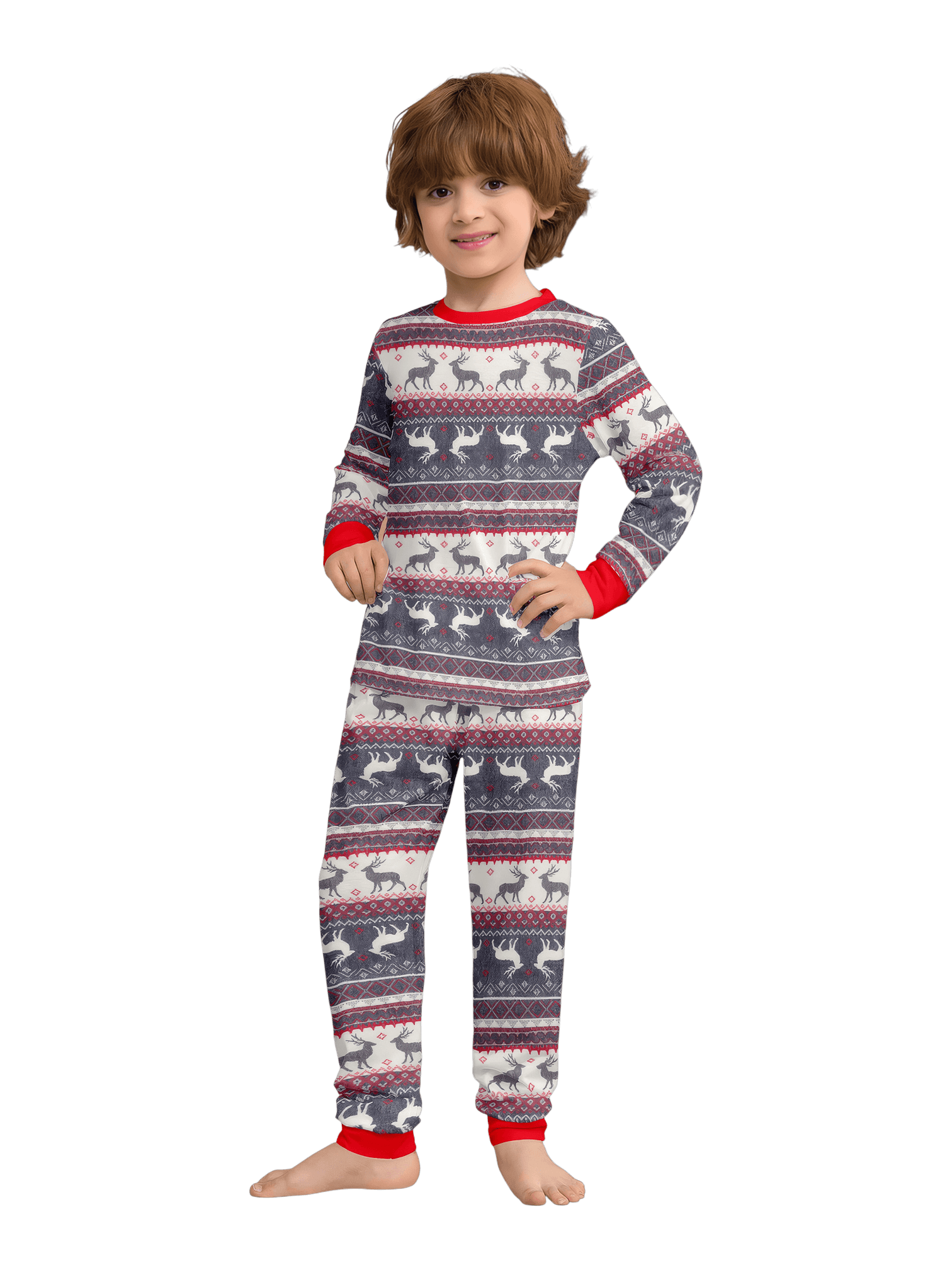 Family and couple pajamas with reindeer stripe pattern gray and white matching pajamas