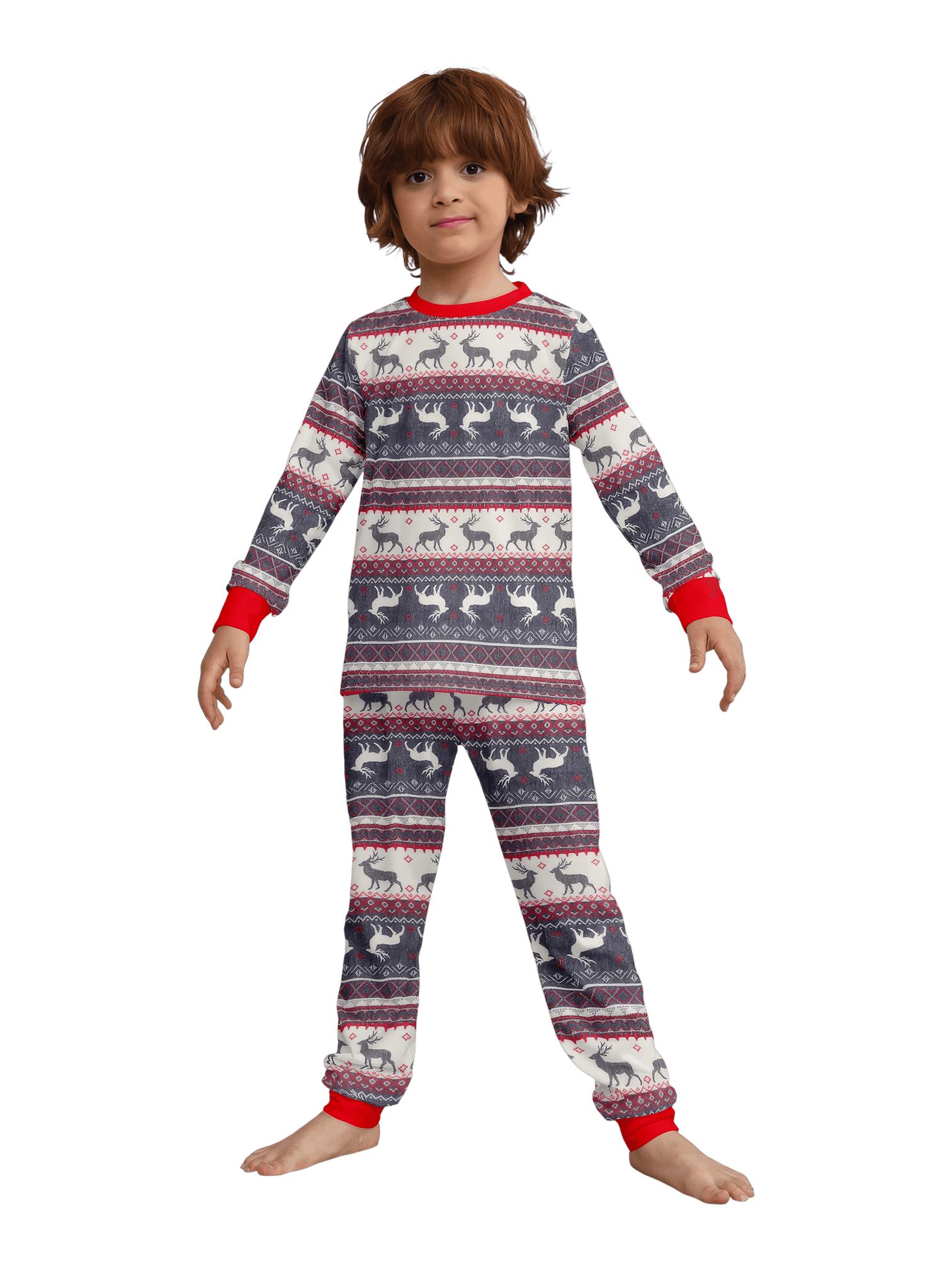 Family and couple pajamas with reindeer stripe pattern gray and white matching pajamas