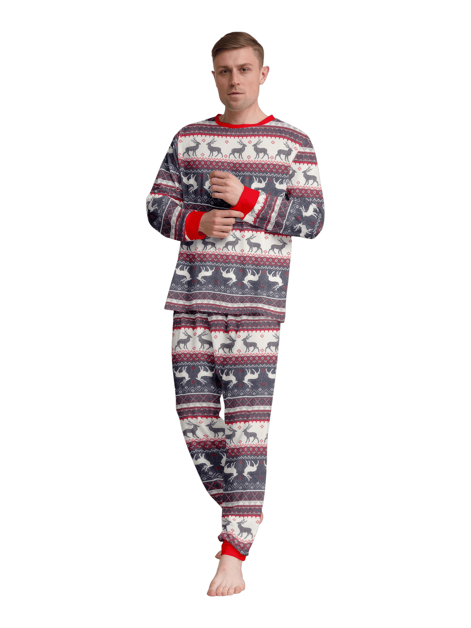 Family and couple pajamas with reindeer stripe pattern gray and white matching pajamas