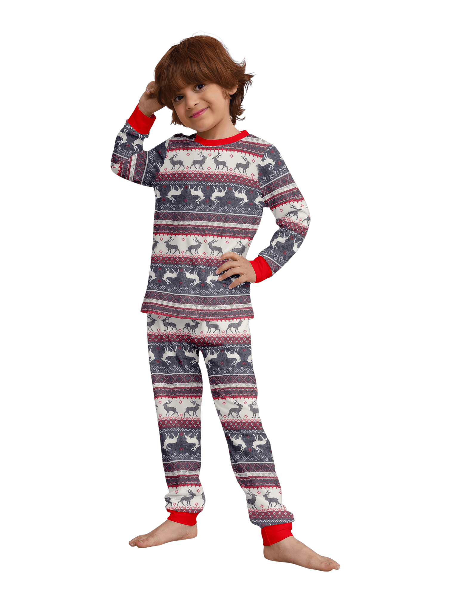 Family and couple pajamas with reindeer stripe pattern gray and white matching pajamas
