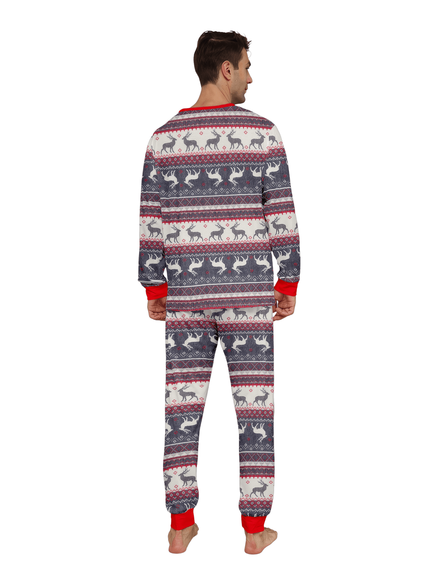 Family and couple pajamas with reindeer stripe pattern gray and white matching pajamas