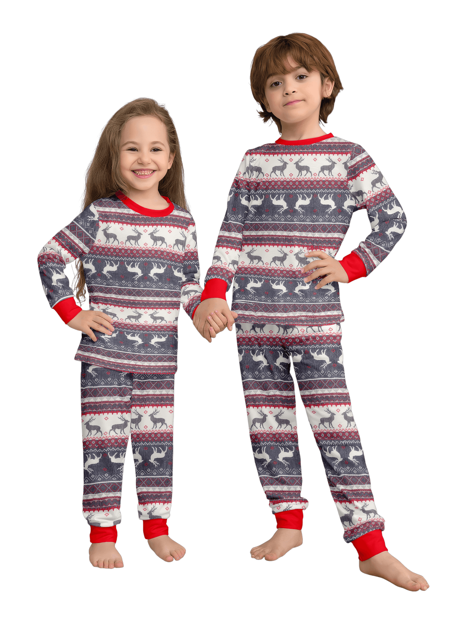 Family and couple pajamas with reindeer stripe pattern gray and white matching pajamas