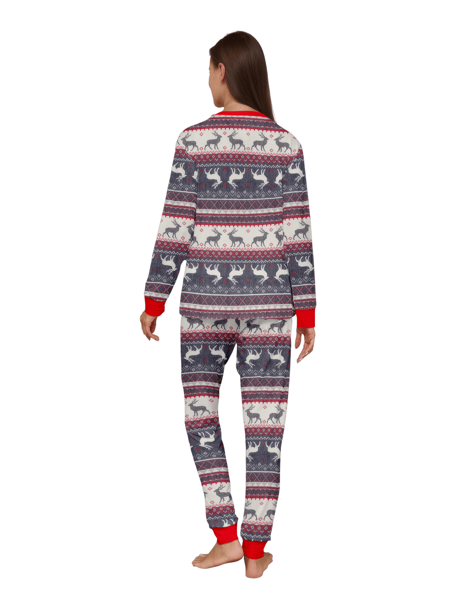 Family and couple pajamas with reindeer stripe pattern gray and white matching pajamas