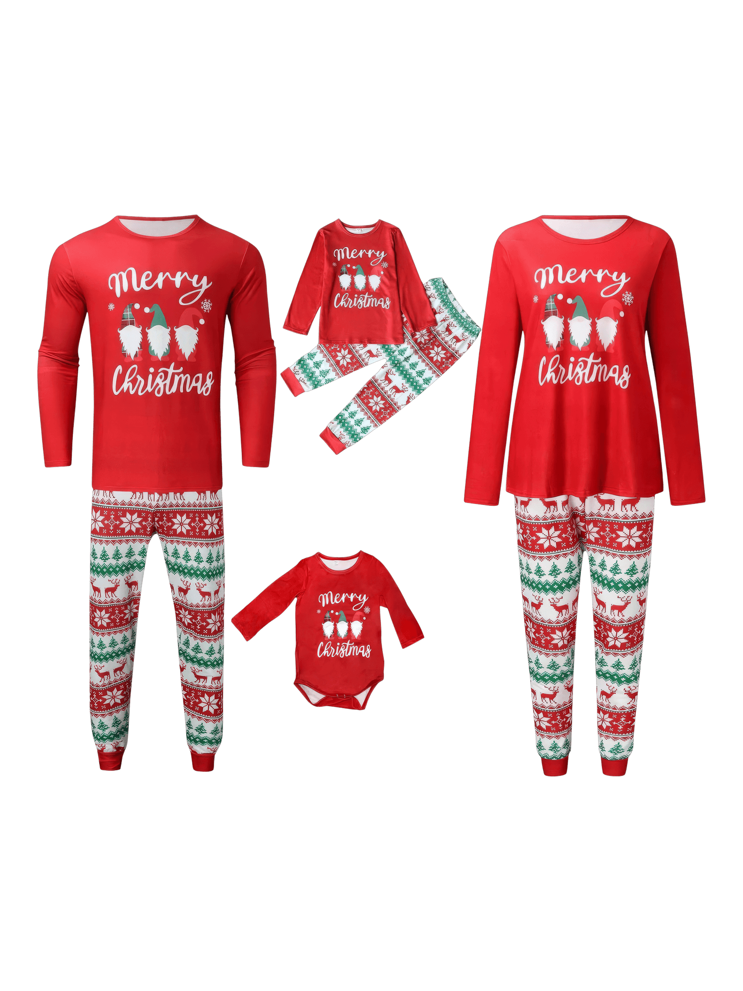 3 bearded elves with “Merry Christmas” print, red, patterns on pants