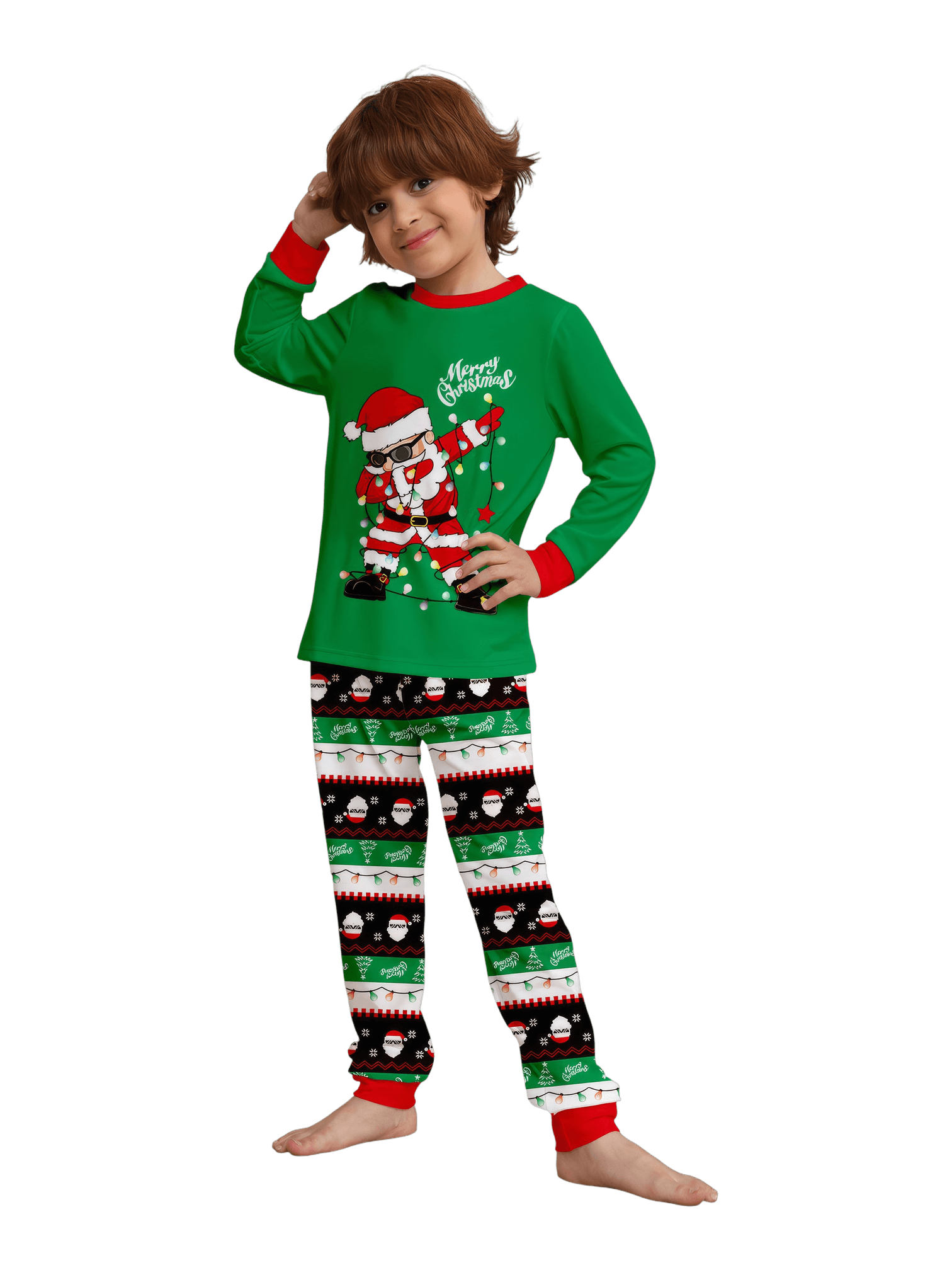 Familienpyjamas Santa in einer Girlande eingewickelt do a DAB