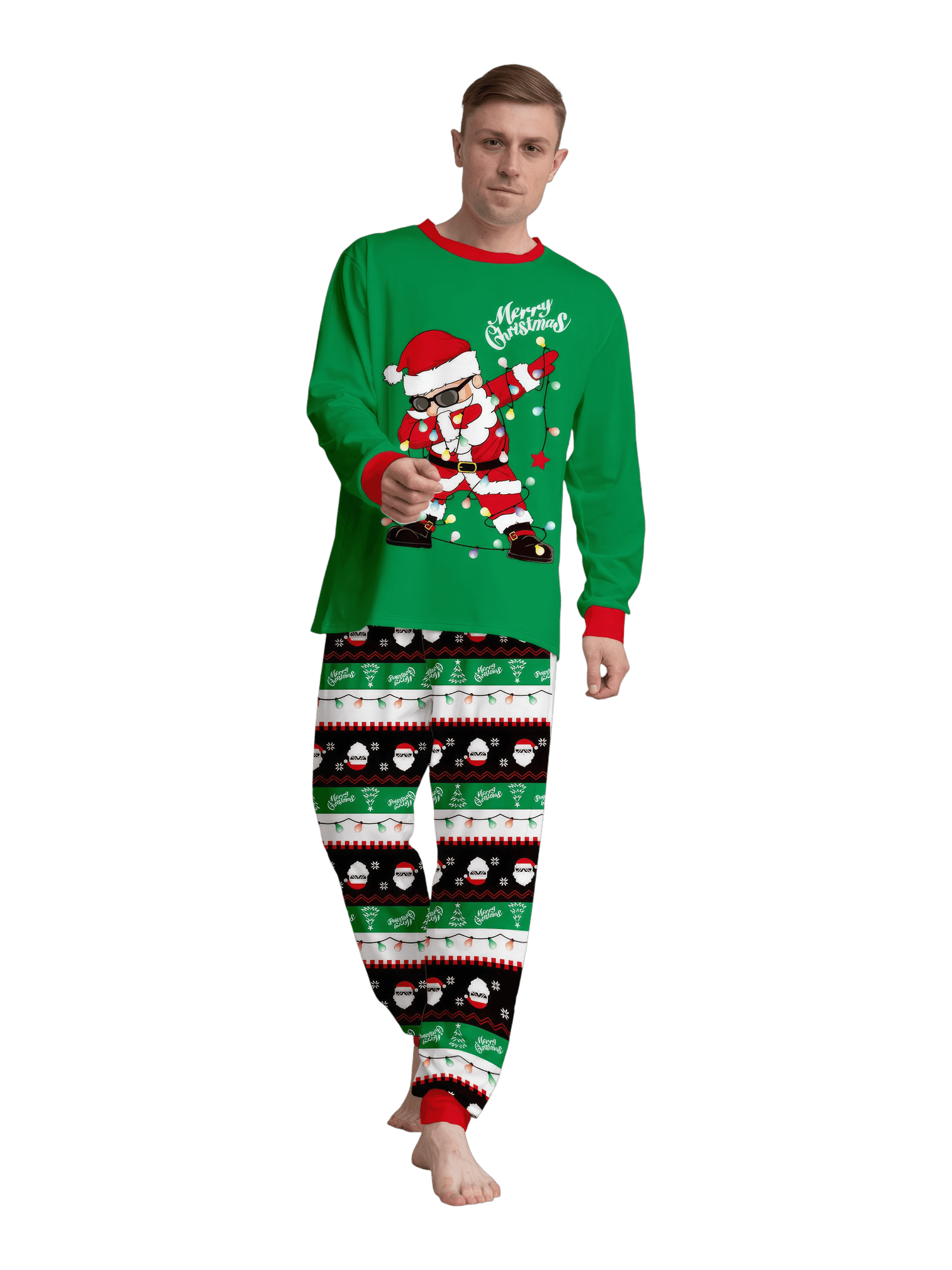 Familienpyjamas Santa in einer Girlande eingewickelt do a DAB