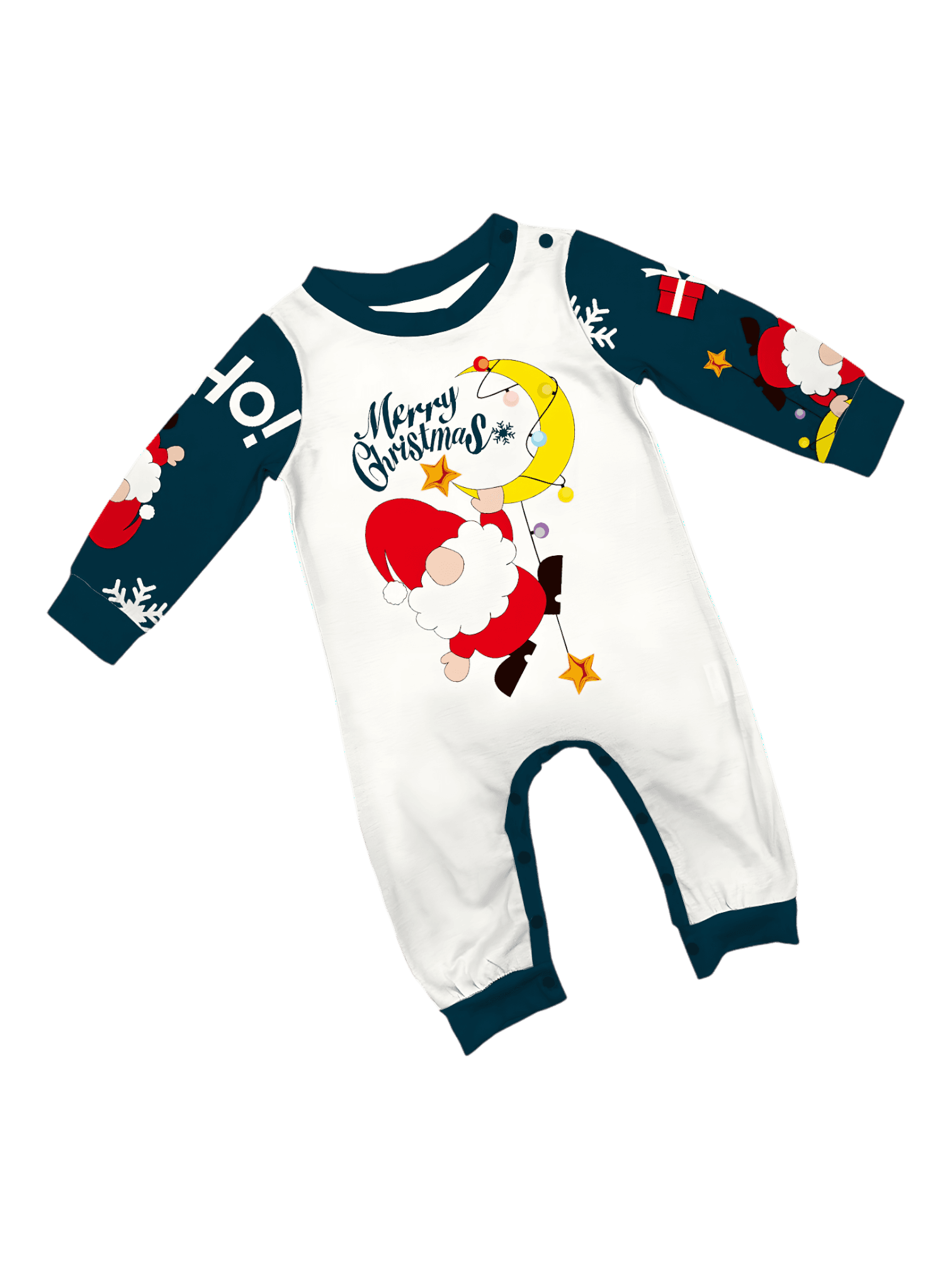 Divertido Papá Noel aferrado a su luna, pijama familiar de Navidad