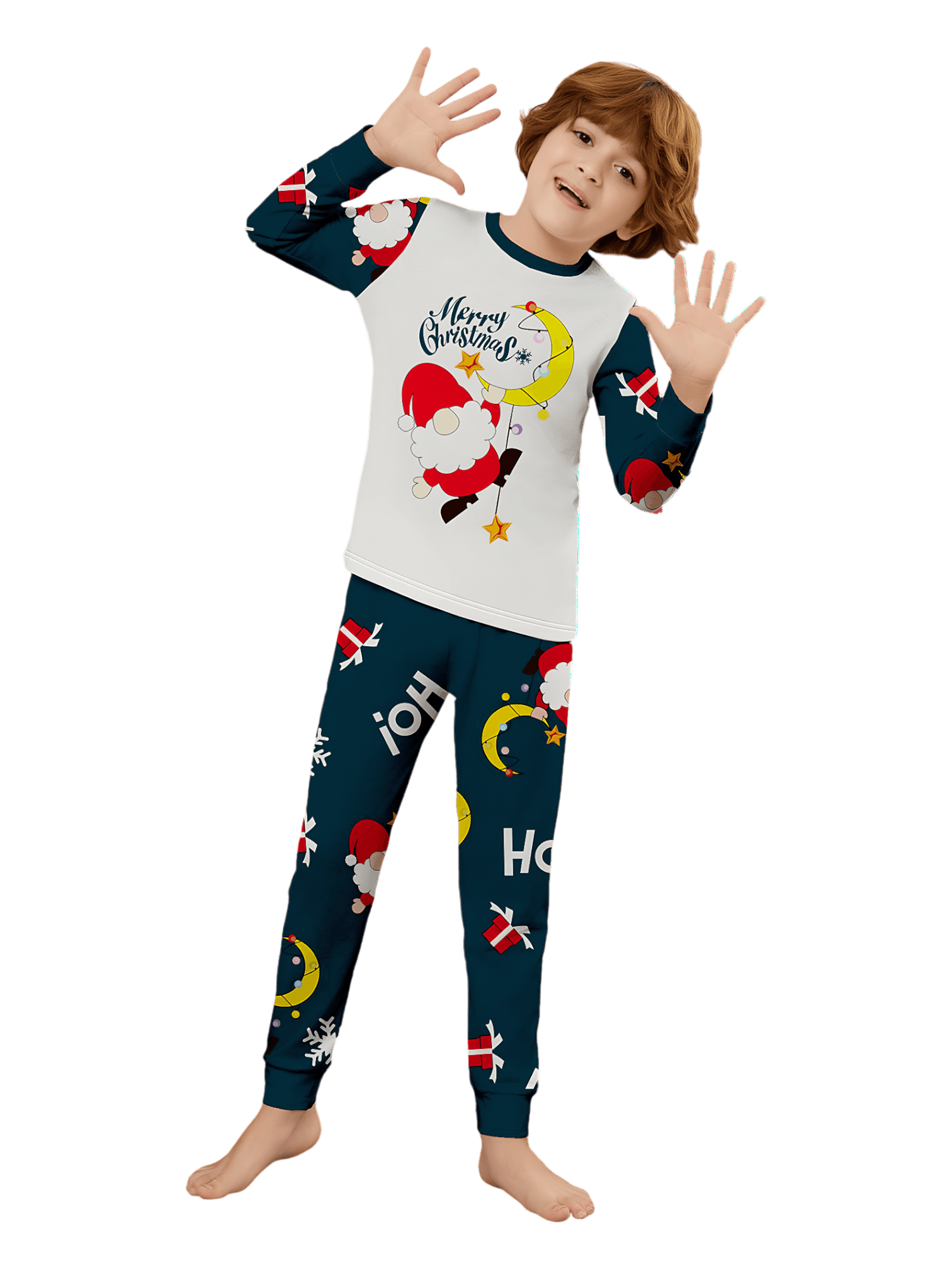 Divertido Papá Noel aferrado a su luna, pijama familiar de Navidad